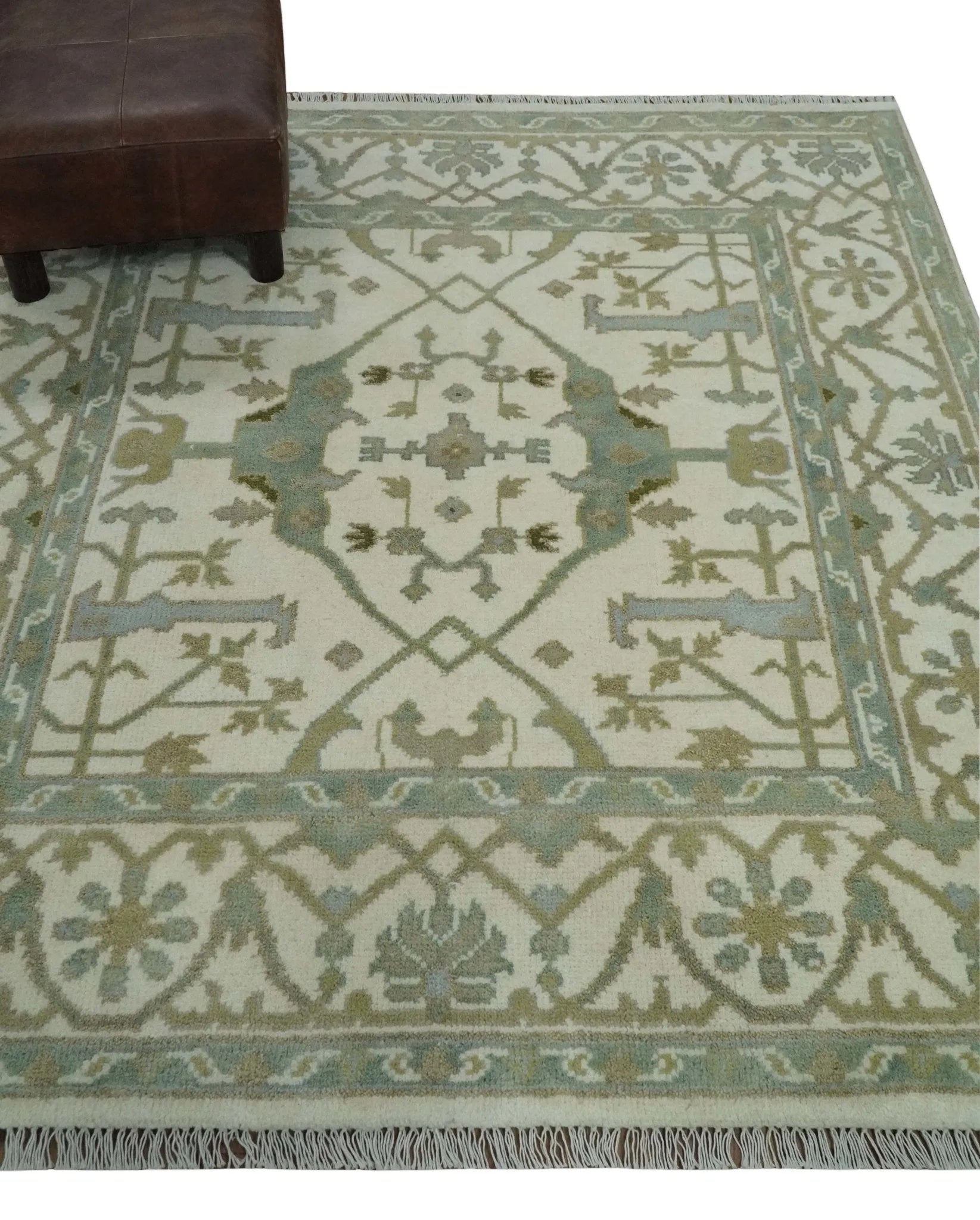 5x5 Square Hand Knotted Oriental Oushak Ivory and Blue Wool Area Rug | TRDCP151255SS