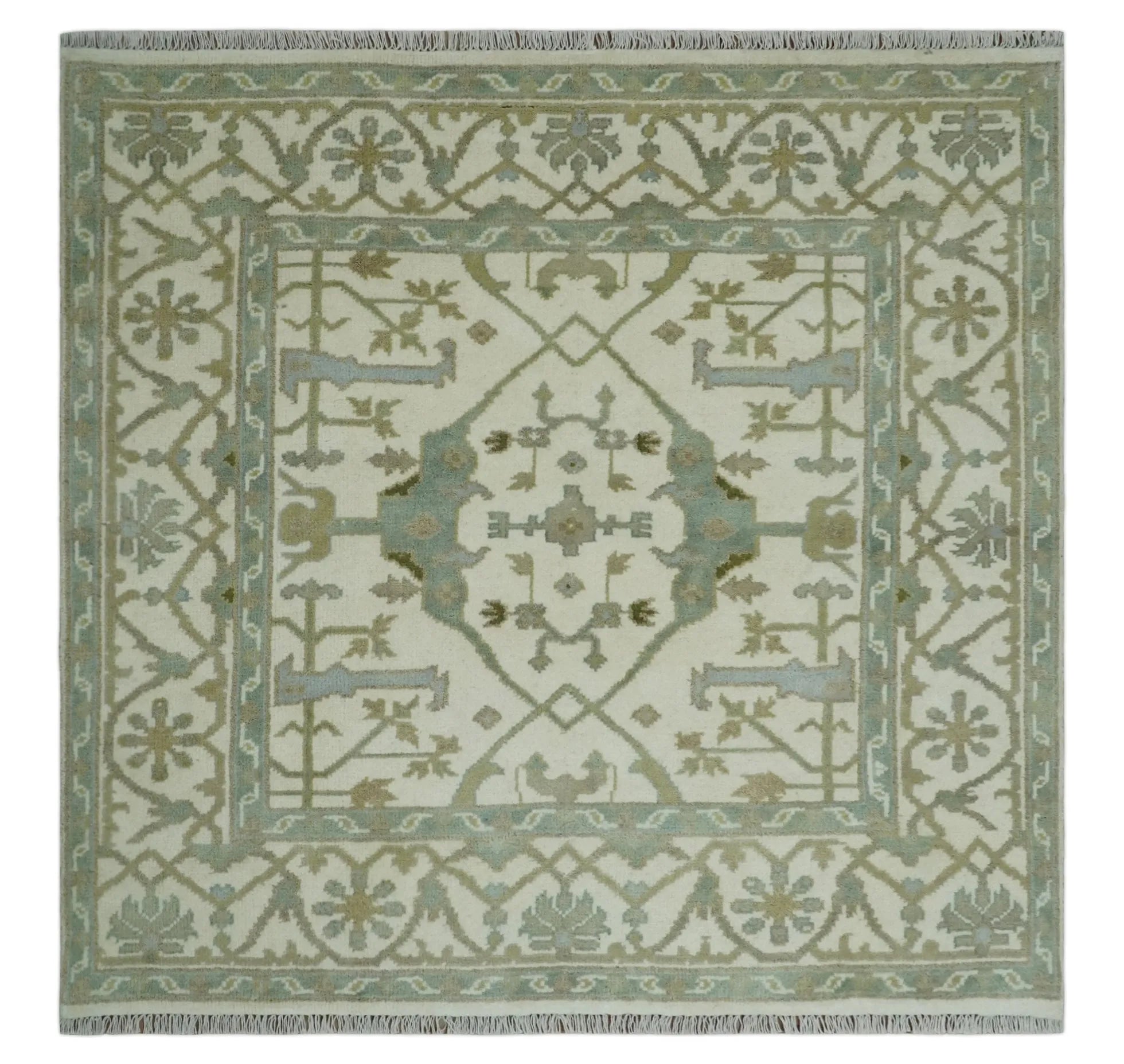 5x5 Square Hand Knotted Oriental Oushak Ivory and Blue Wool Area Rug | TRDCP151255SS