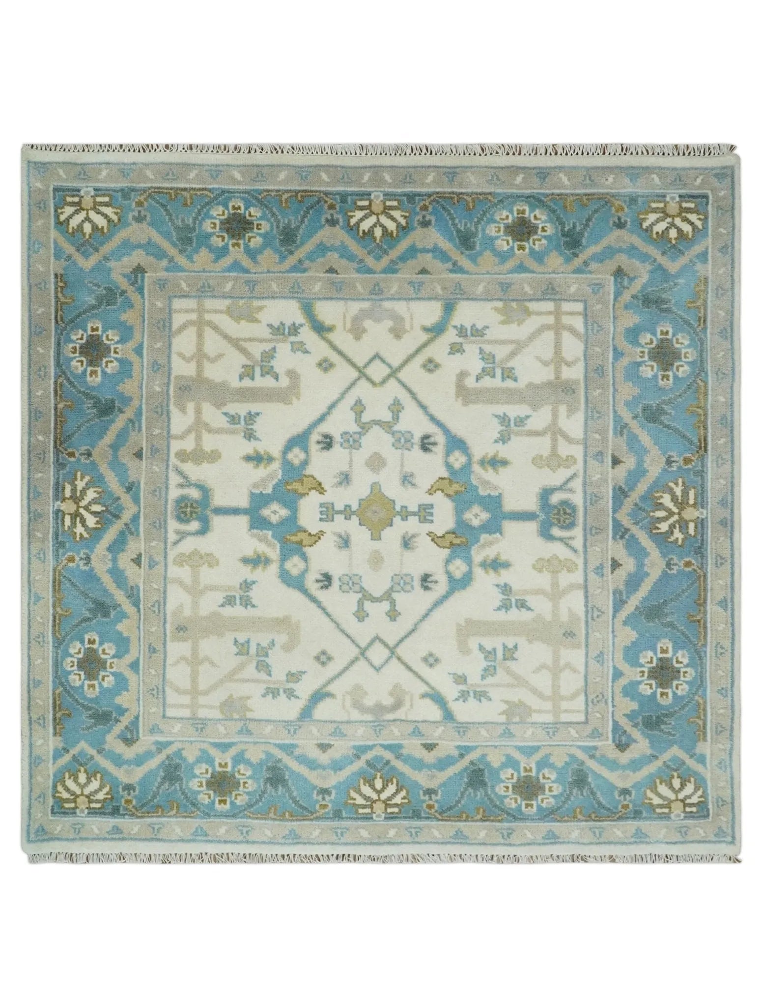 5x5 Square Hand Knotted Oriental Oushak Ivory, Aqua and Beige Wool Area Rug | TRDCP152955SS