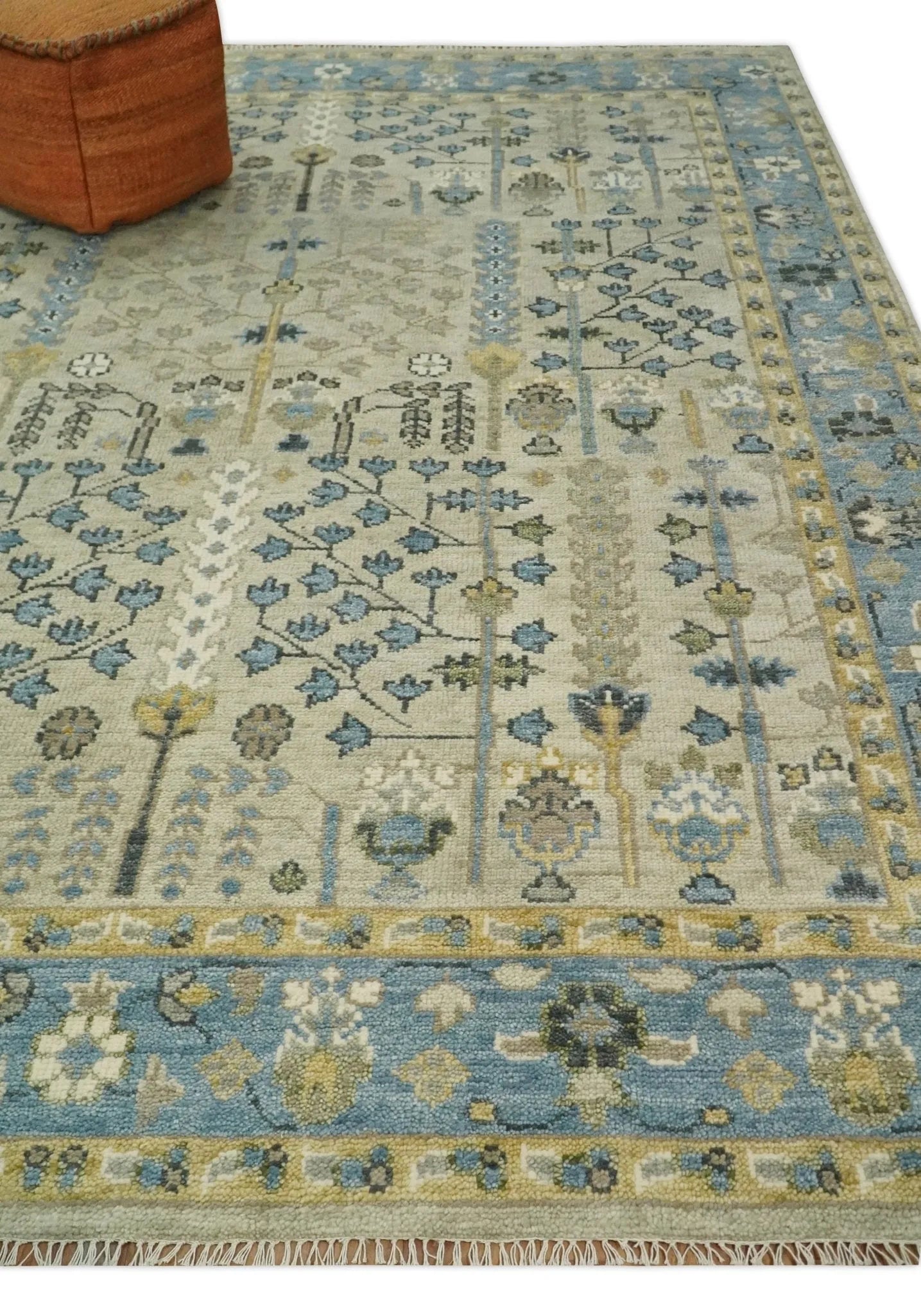 Tree of life Beige and Blue Traditional Hand Knotted Multi Size Wool Area Rug