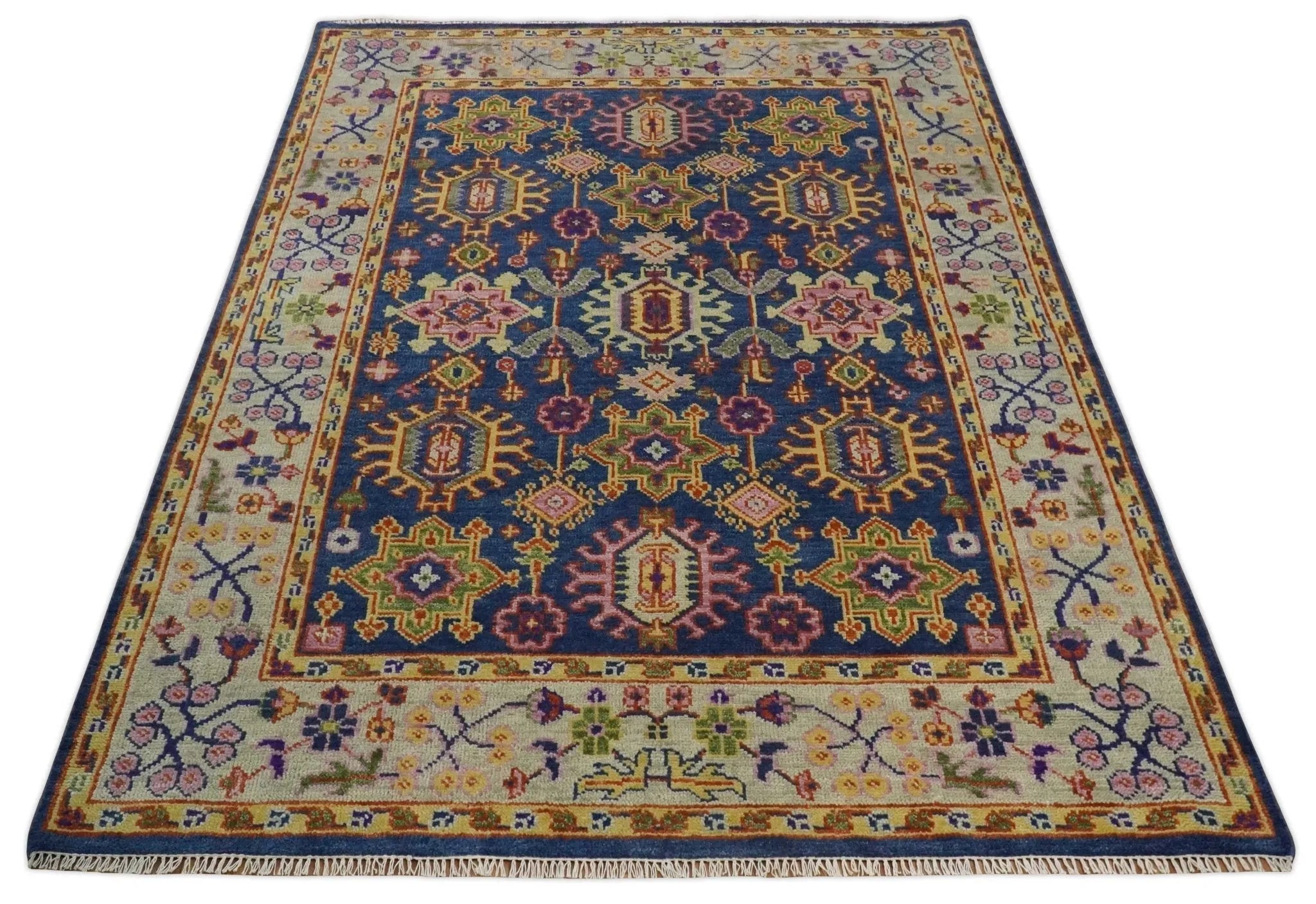 Custom Made Hand Knotted Blue, Gold and Beige Oriental Oushak wool Area Rug