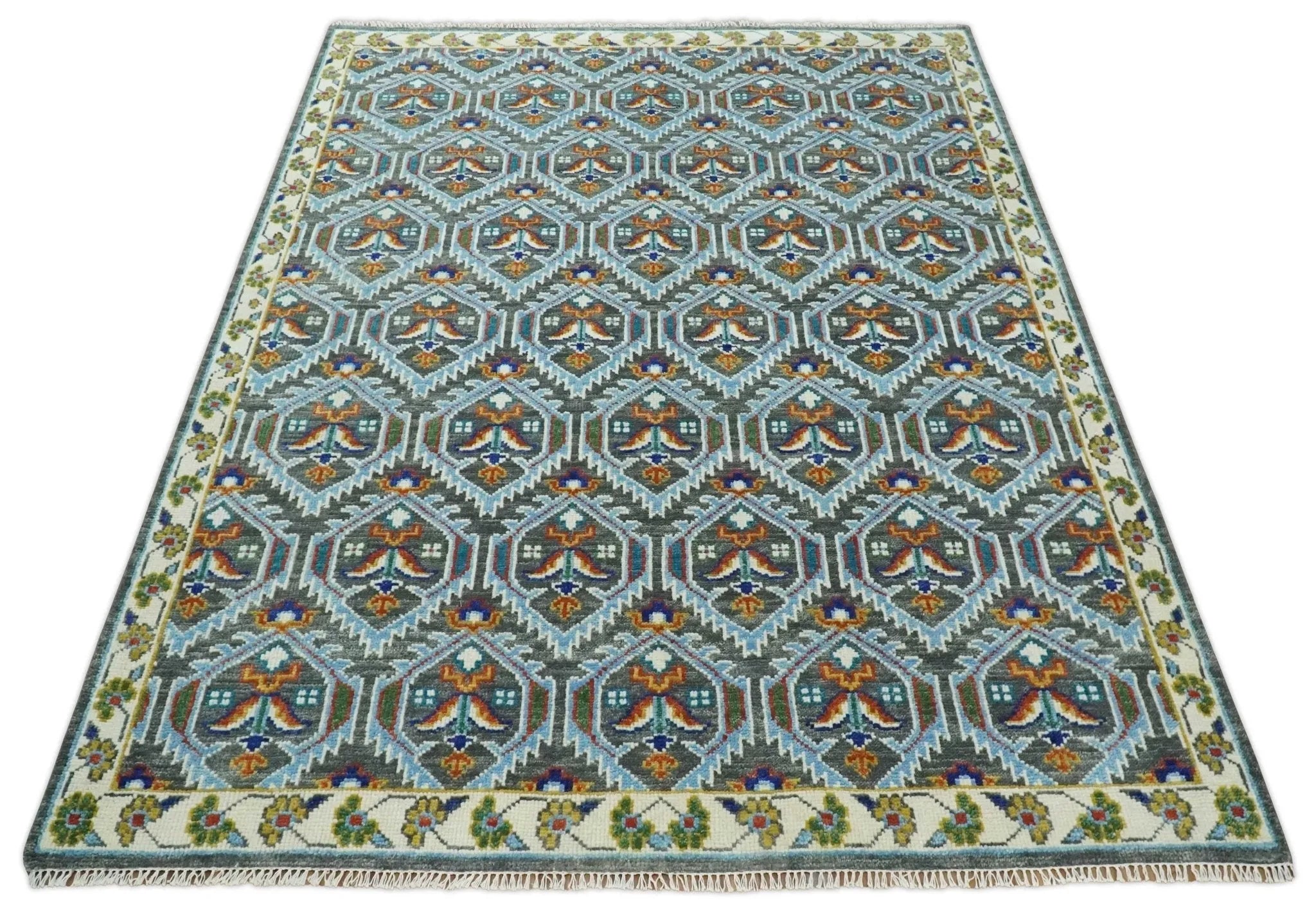 Charcoal, Blue and Ivory Traditional Hand Knotted Multi Size Wool area Rug