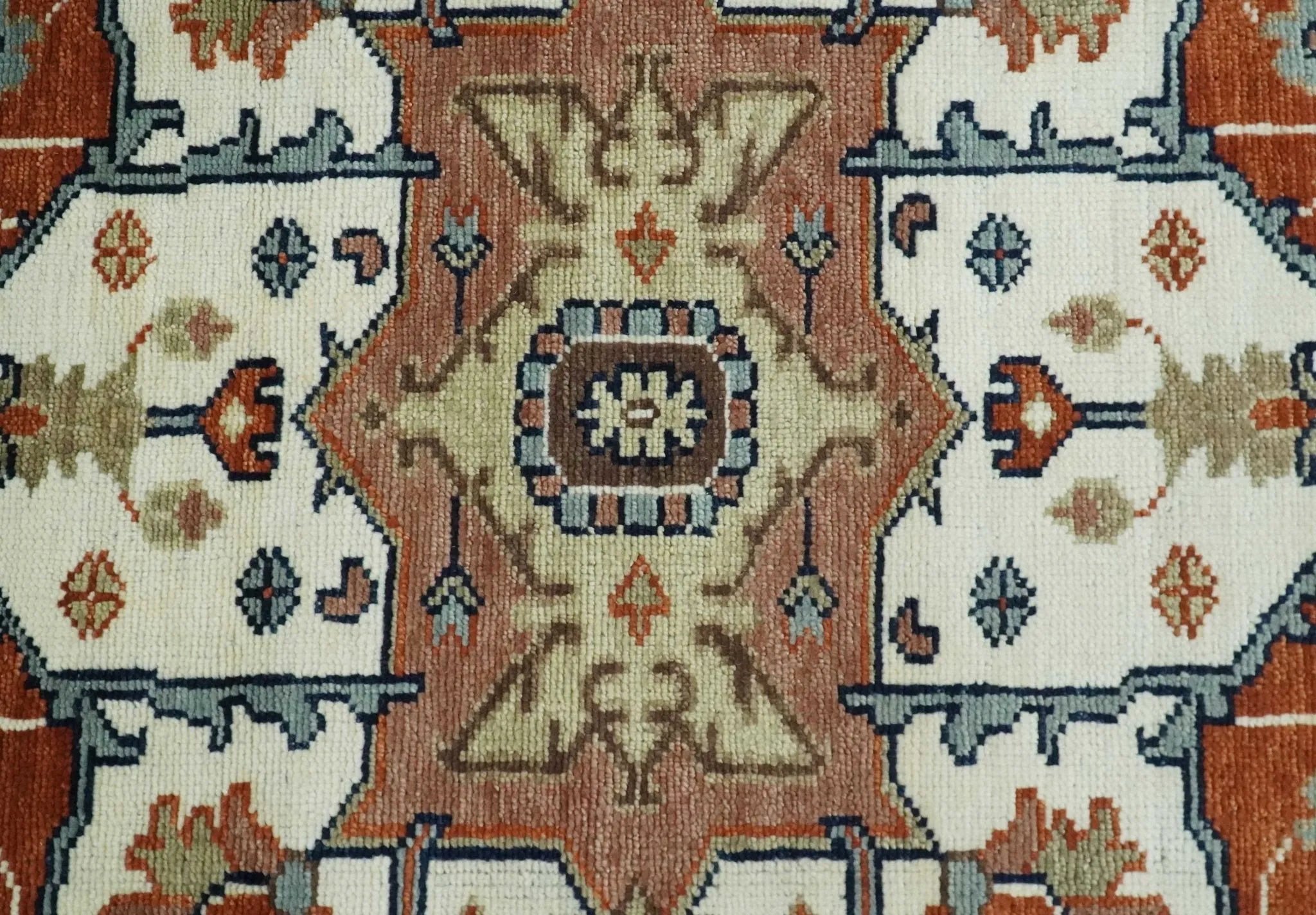 Hand Knotted Ivory, Blue and Rust Modern Traditional Heriz Serapi Multi Size Wool Area Rug