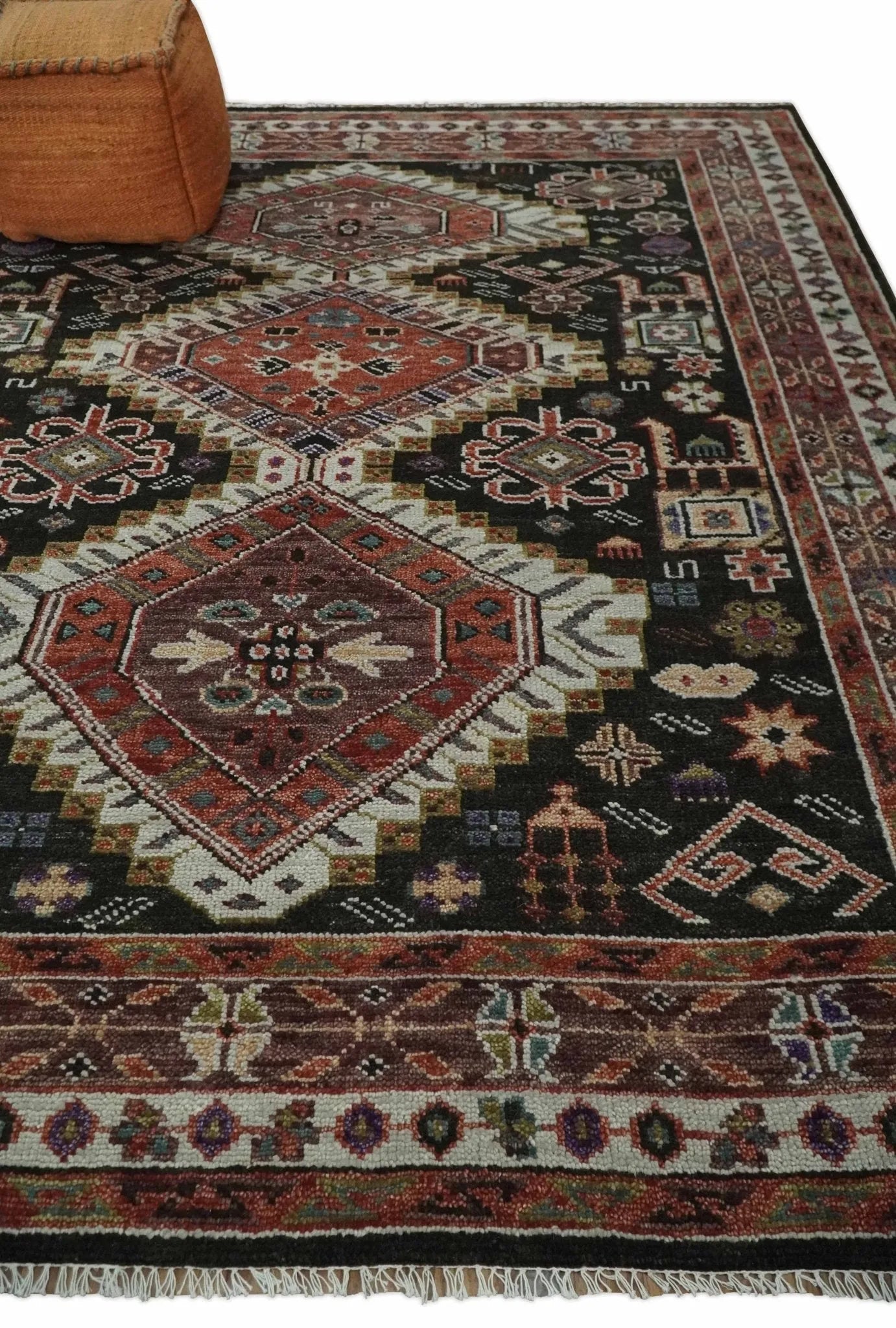 Hand Knotted Rust, Ivory and Black Traditional Antique Multi Size Wool Area Rug