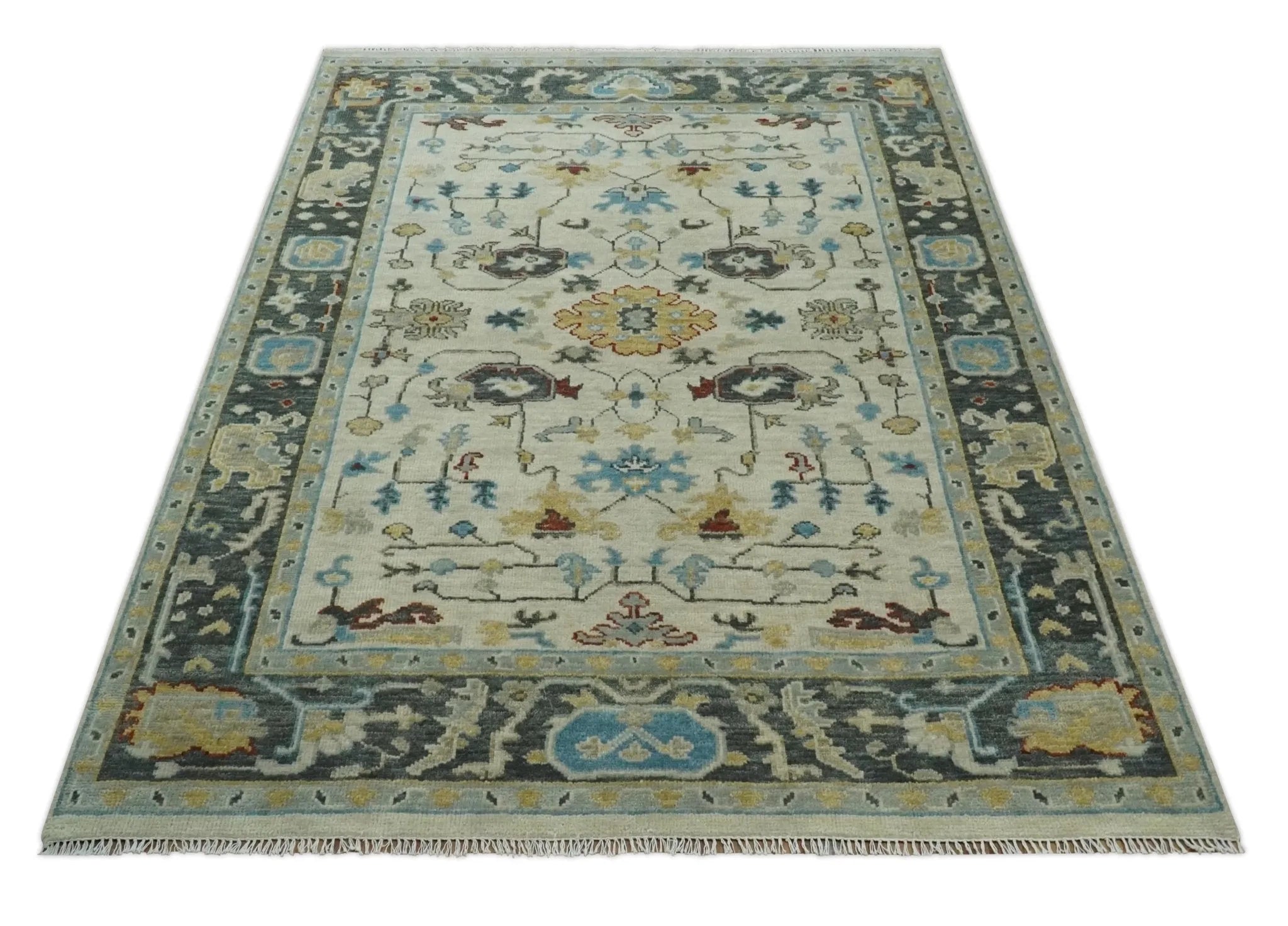 Beige, Gray, and Ivory Traditional Hand Knotted Oriental Oushak Multi Size wool Area Rug