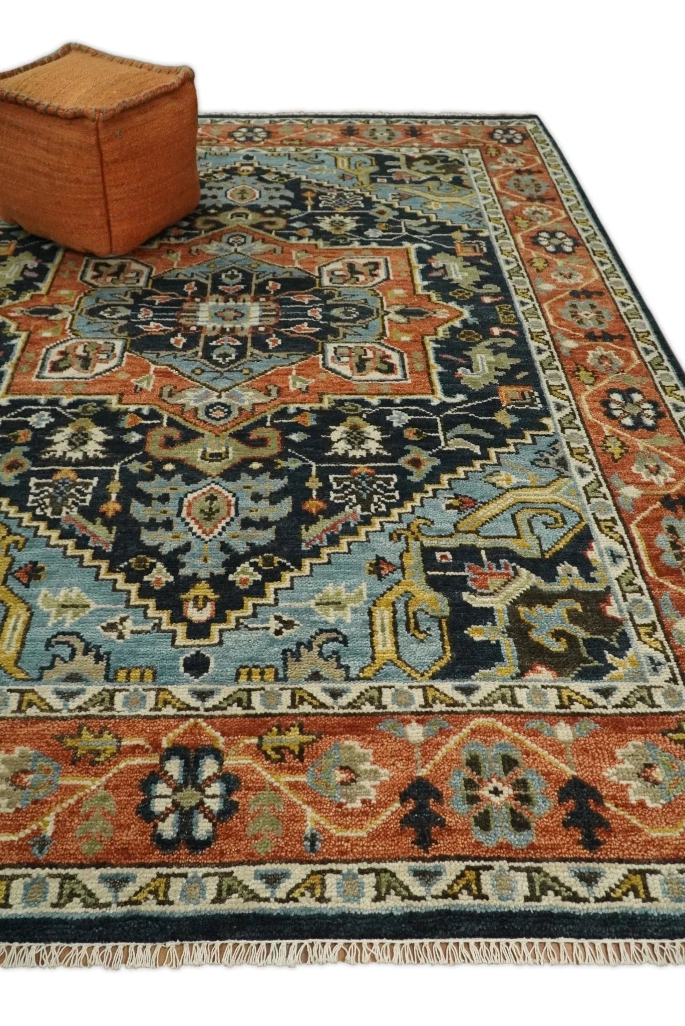 Rust, Blue and Aqua Traditional Heriz Hand knotted Multi Size wool Area Rug