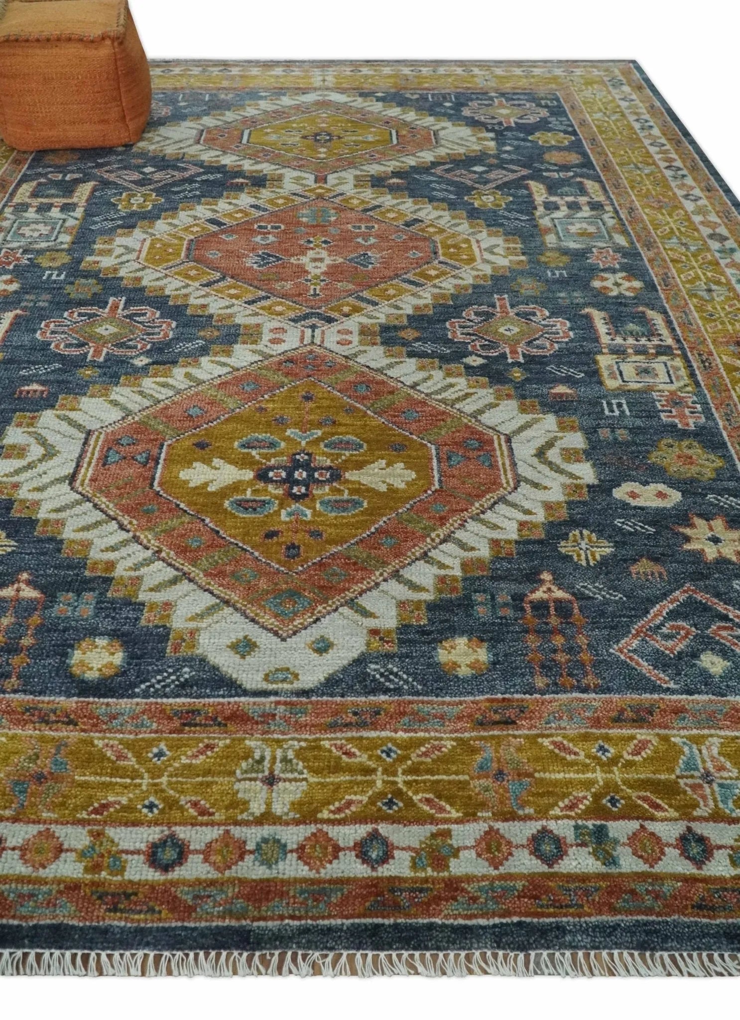 Rust, Gold and Gray Traditional Hand knotted Custom Made wool Area Rug