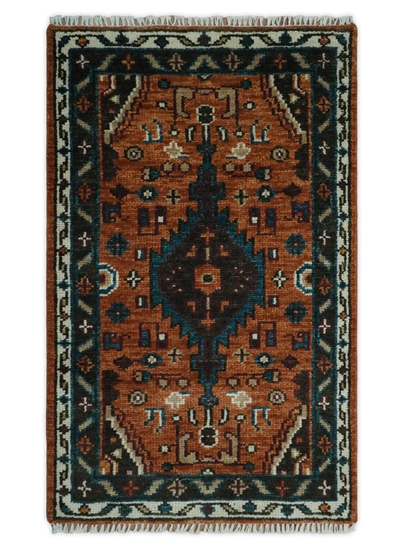 Rust, Ivory and Brown Oriental Traditional Hand knotted Multi Size Area Rug