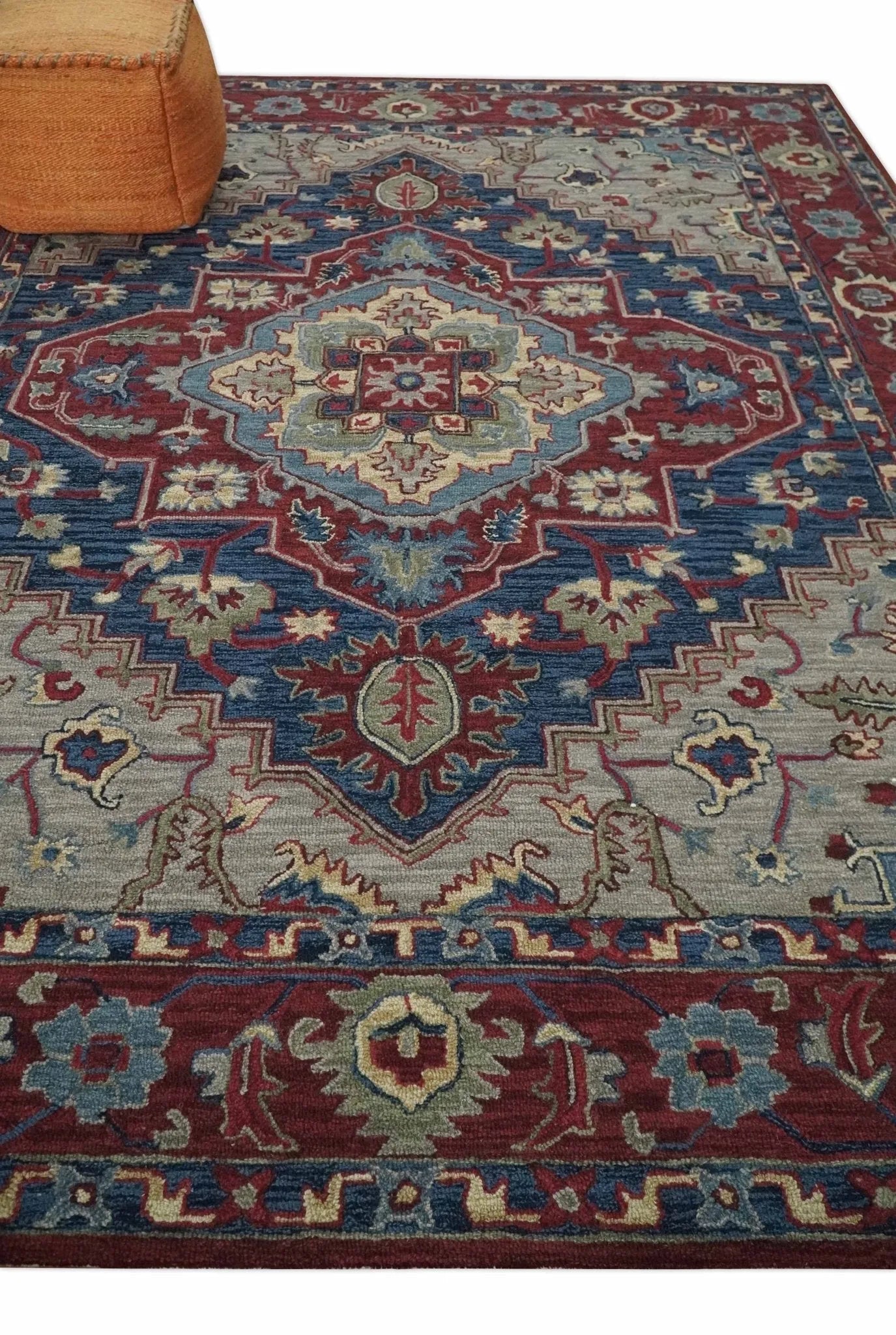 Red and Blue Hand Tufted Traditional Heriz Serapi Medallion Multi Size wool Area Rug