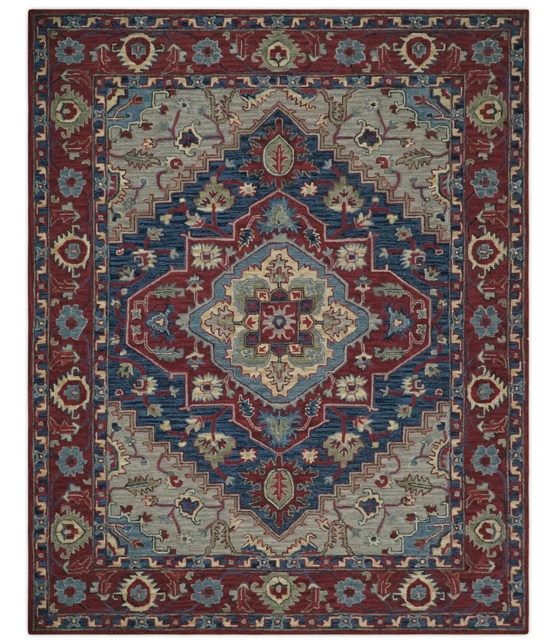 Red and Blue Hand Tufted Traditional Heriz Serapi Medallion Multi Size wool Area Rug