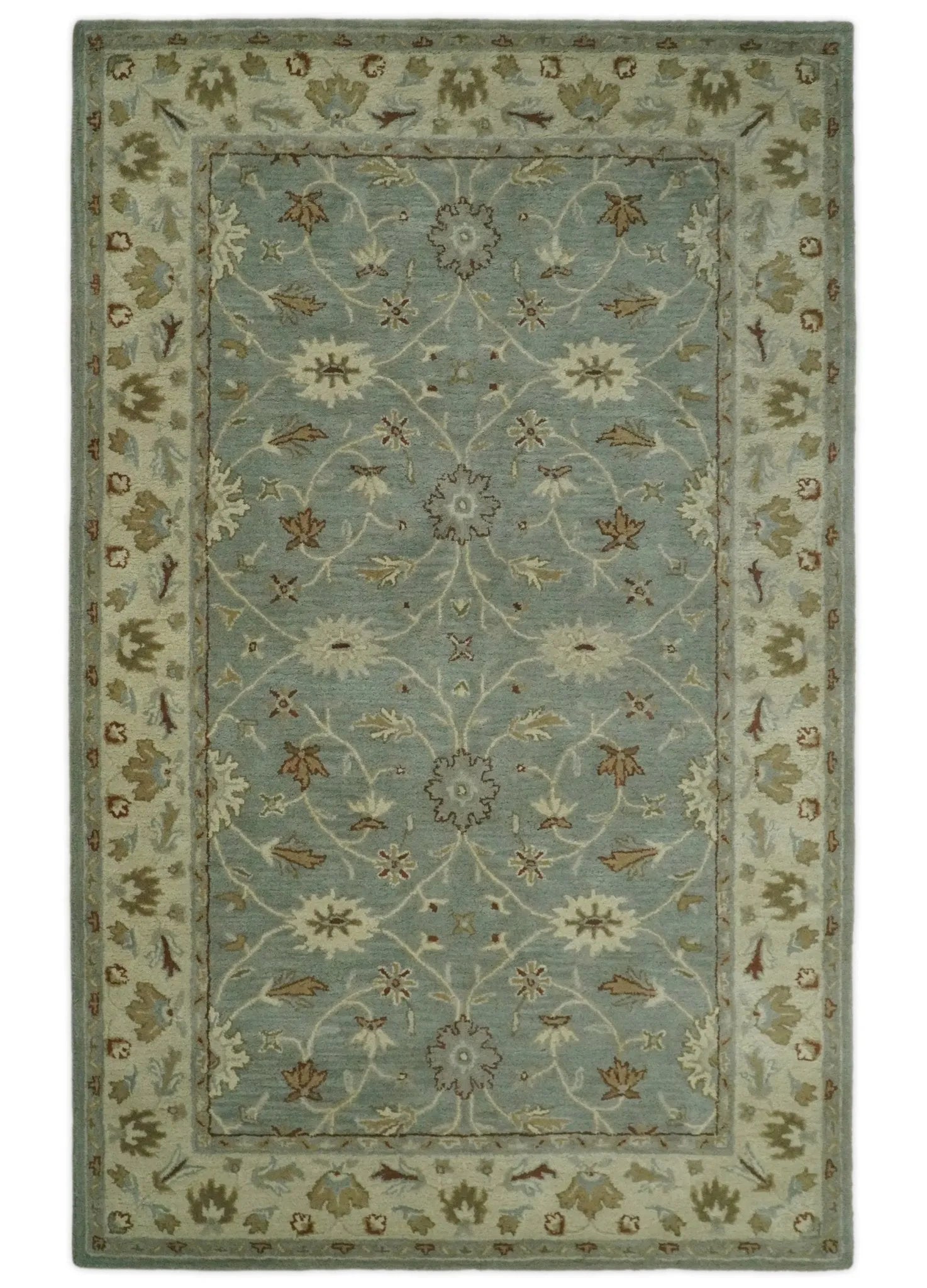 5x8 and 8x10 Blue and Beige Handmade Classic Vintage Design Wool Area Rug | TRDCP117TUF