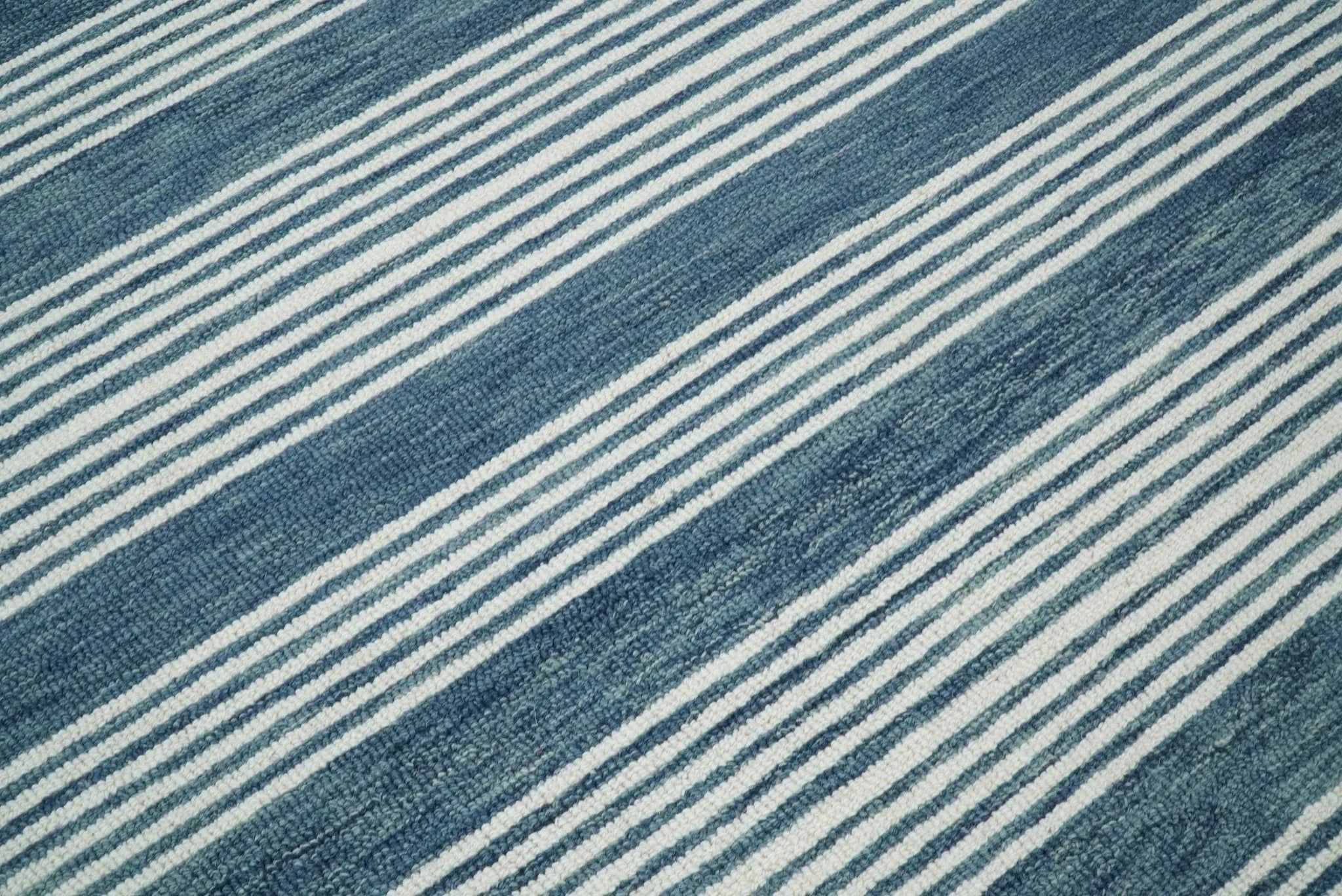 5x8 and 8x10 Hand Made Woolen Modern Stripes White and Blue Area Rug | NAU002