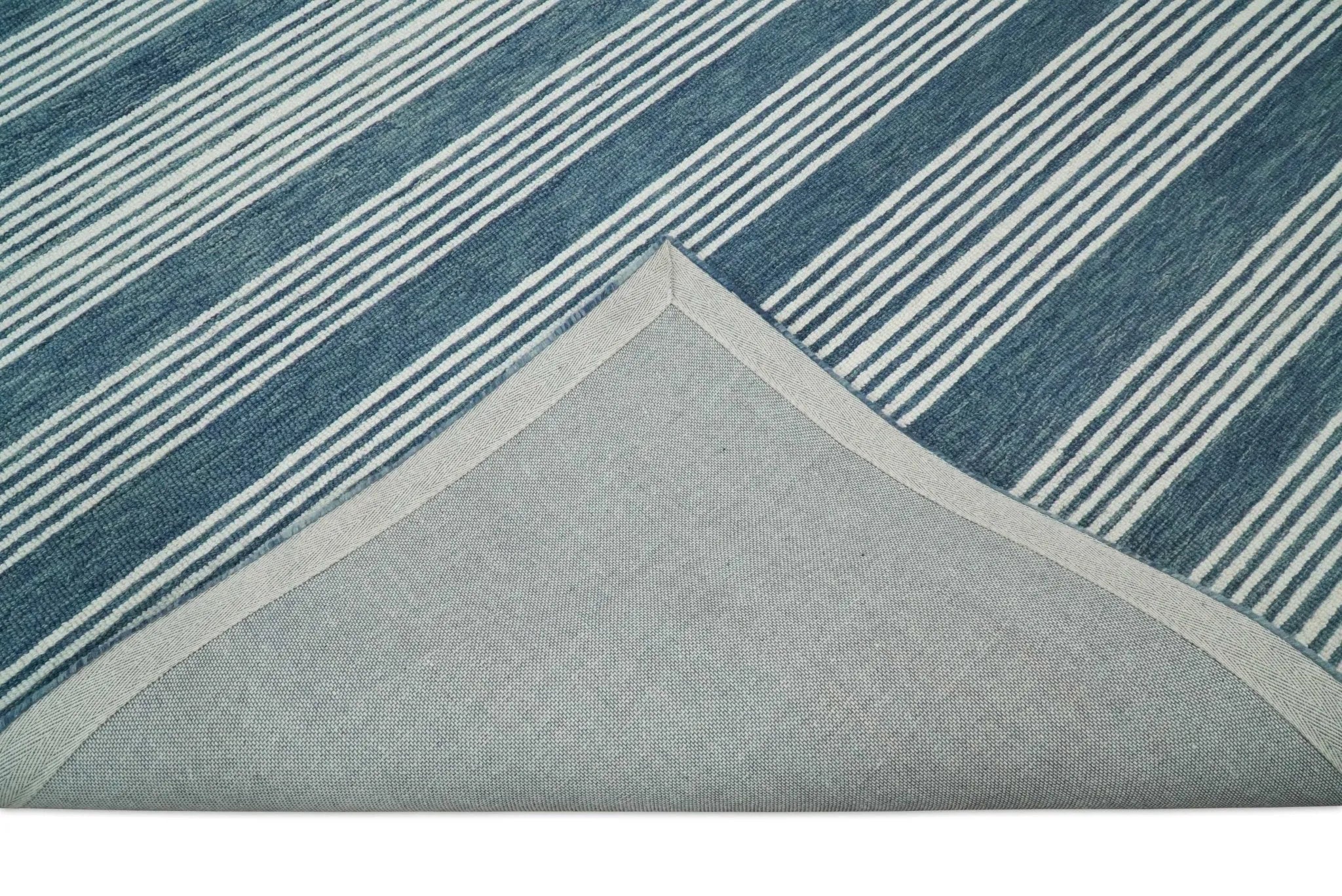 5x8 and 8x10 Hand Made Woolen Modern Stripes White and Blue Area Rug | NAU002