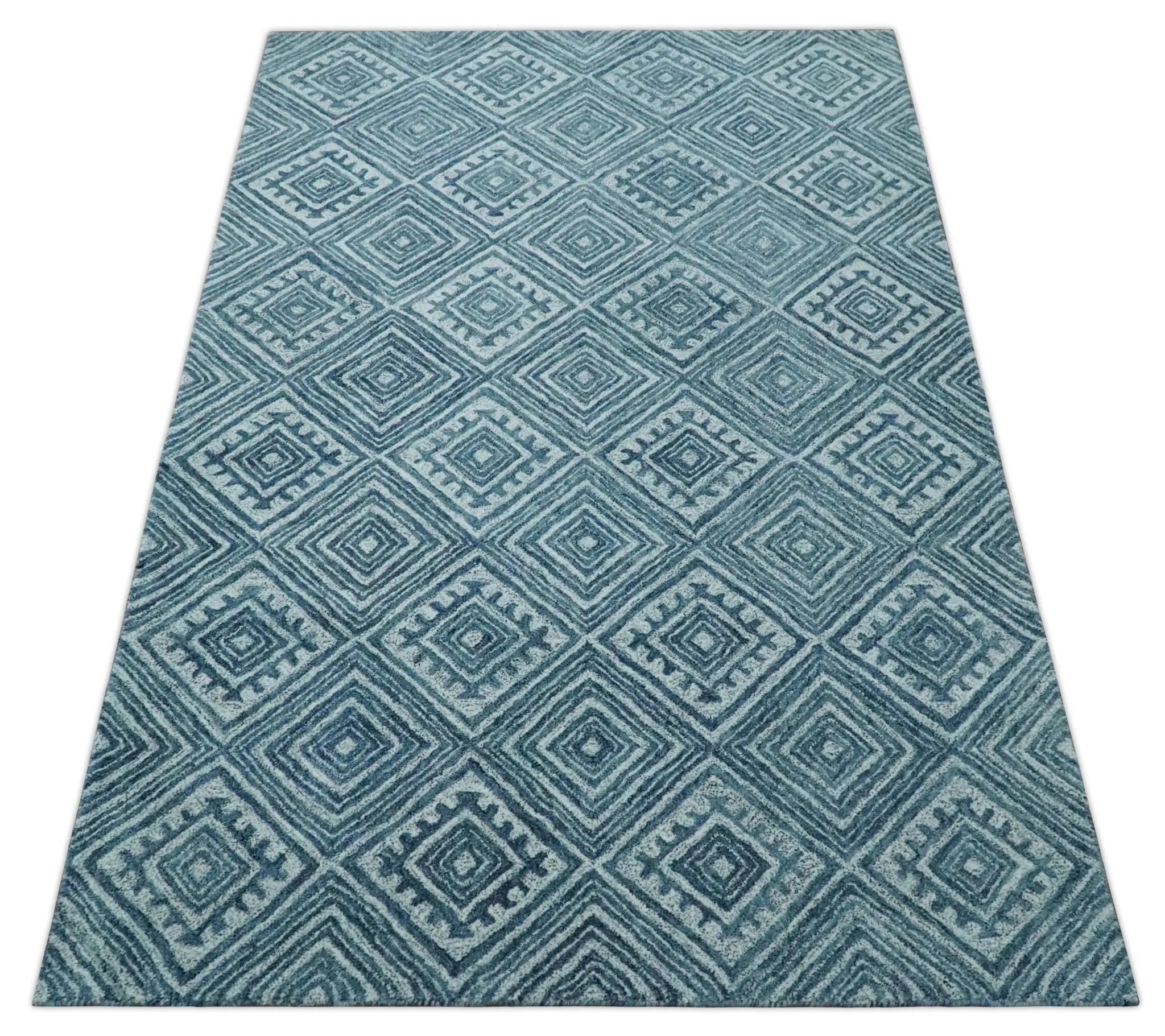 5x8 Blue and Silver Geometrical Pattern Hand Tufted Farmhouse Wool Area Rug