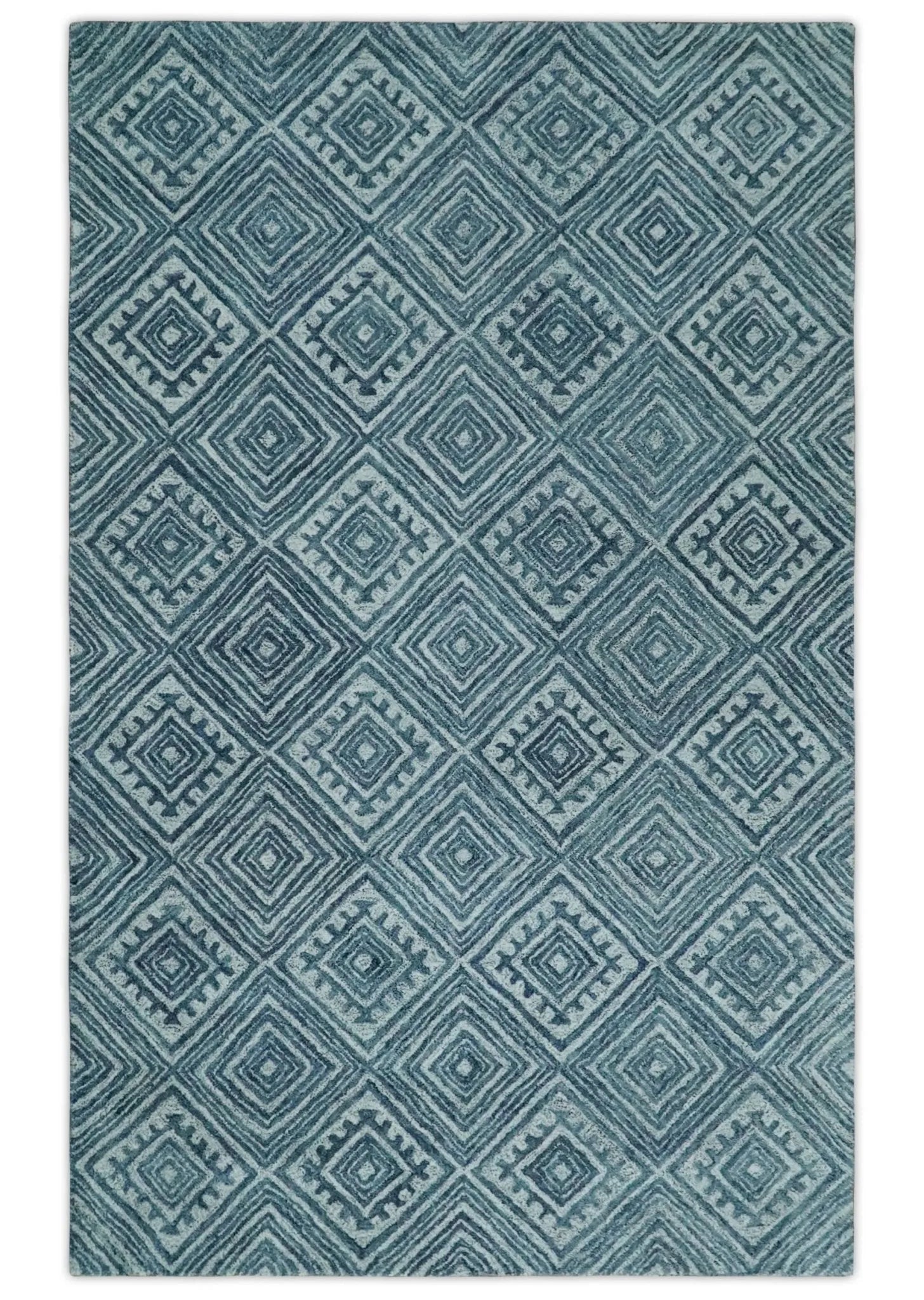 5x8 Blue and Silver Geometrical Pattern Hand Tufted Farmhouse Wool Area Rug