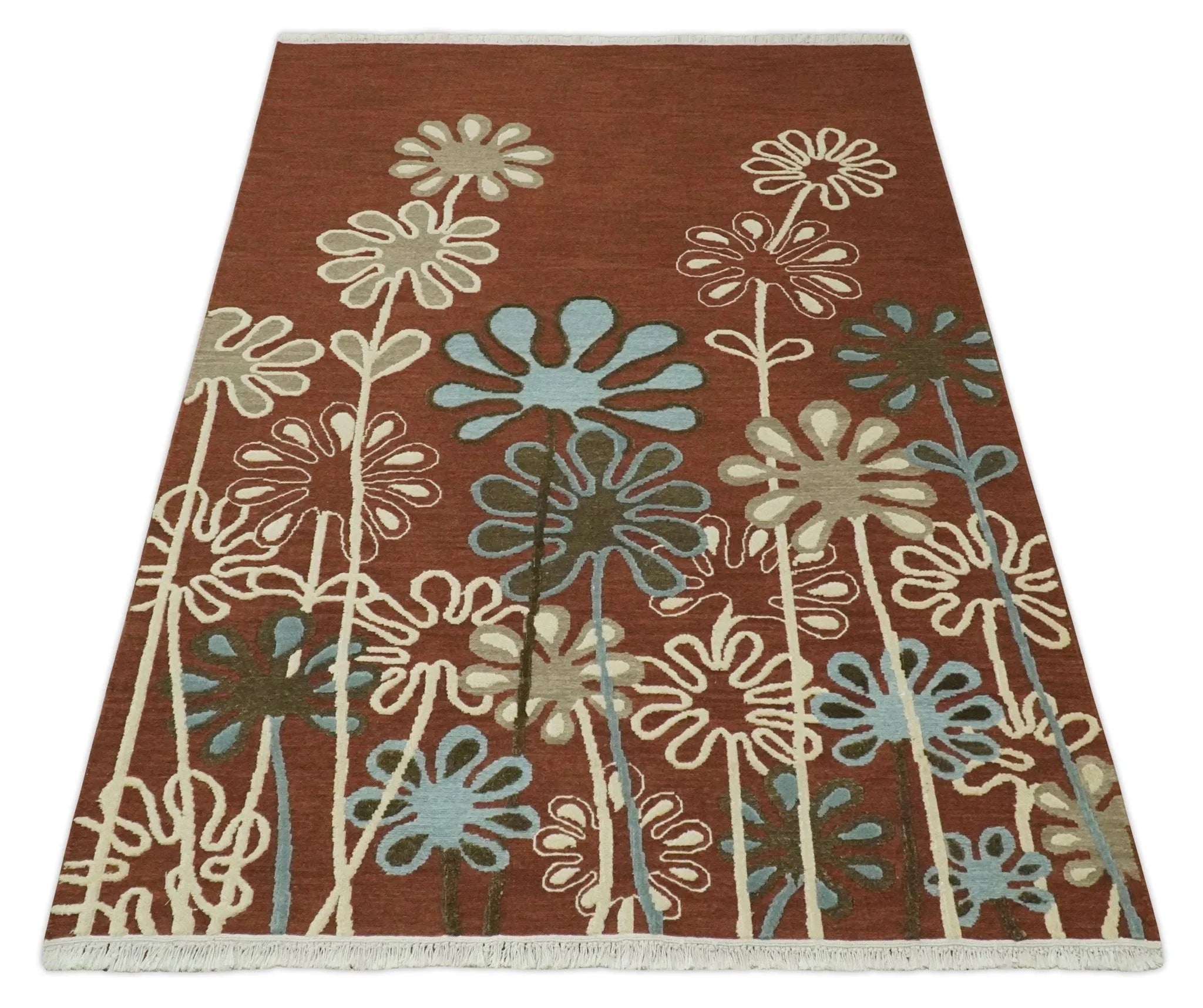 5x8 Brown, Camel and Silver Floral Pattern Flatwoven Soumak Weaver Farmhouse Wool Area Rug