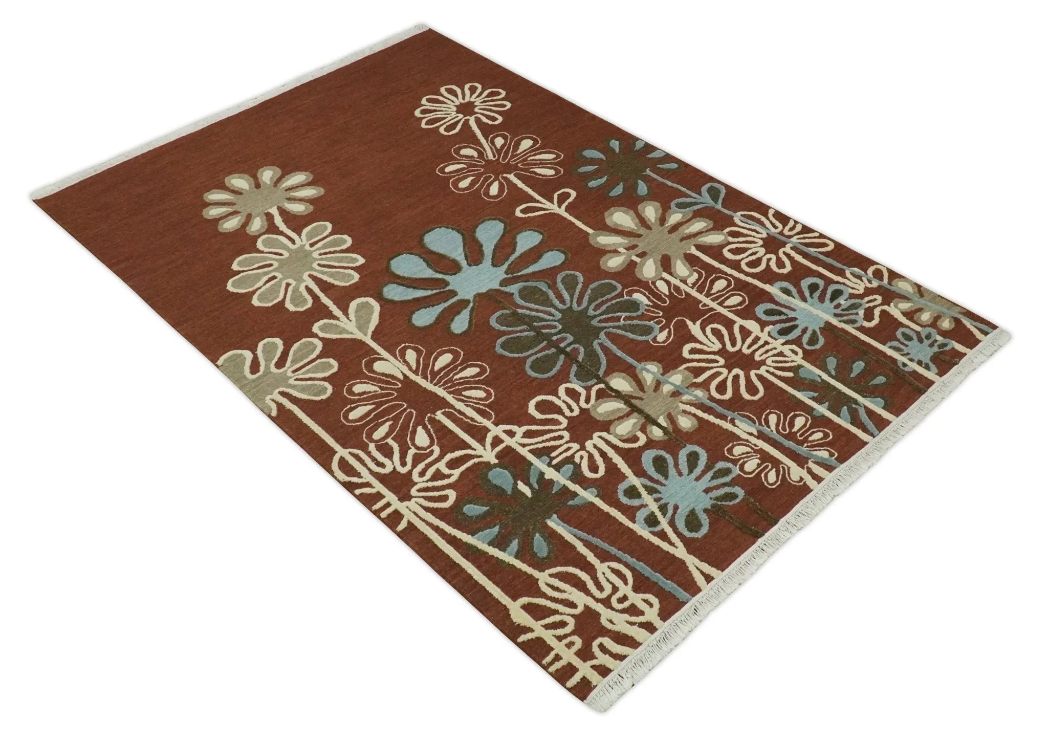 5x8 Brown, Camel and Silver Floral Pattern Flatwoven Soumak Weaver Farmhouse Wool Area Rug