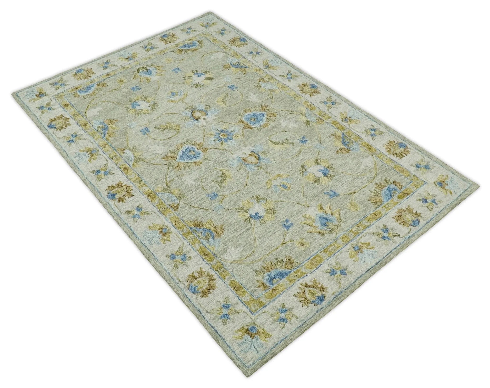 5x8 Hand Tufted Blue and Beige Multi Size Style Floral Wool Area Rug