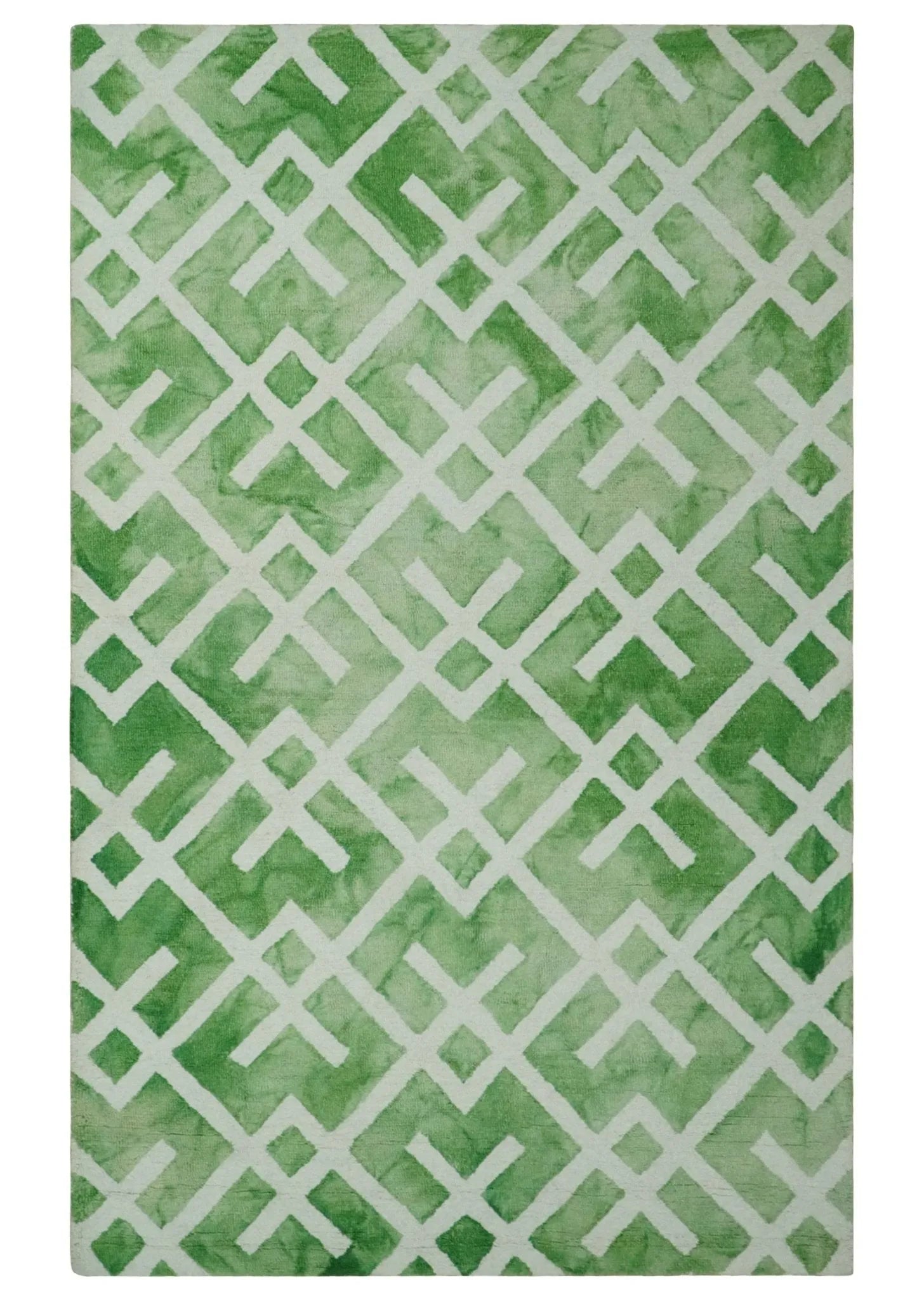 5x8 Ivory and Green Stripes Pattern Hand Tufted Wool Area Rug