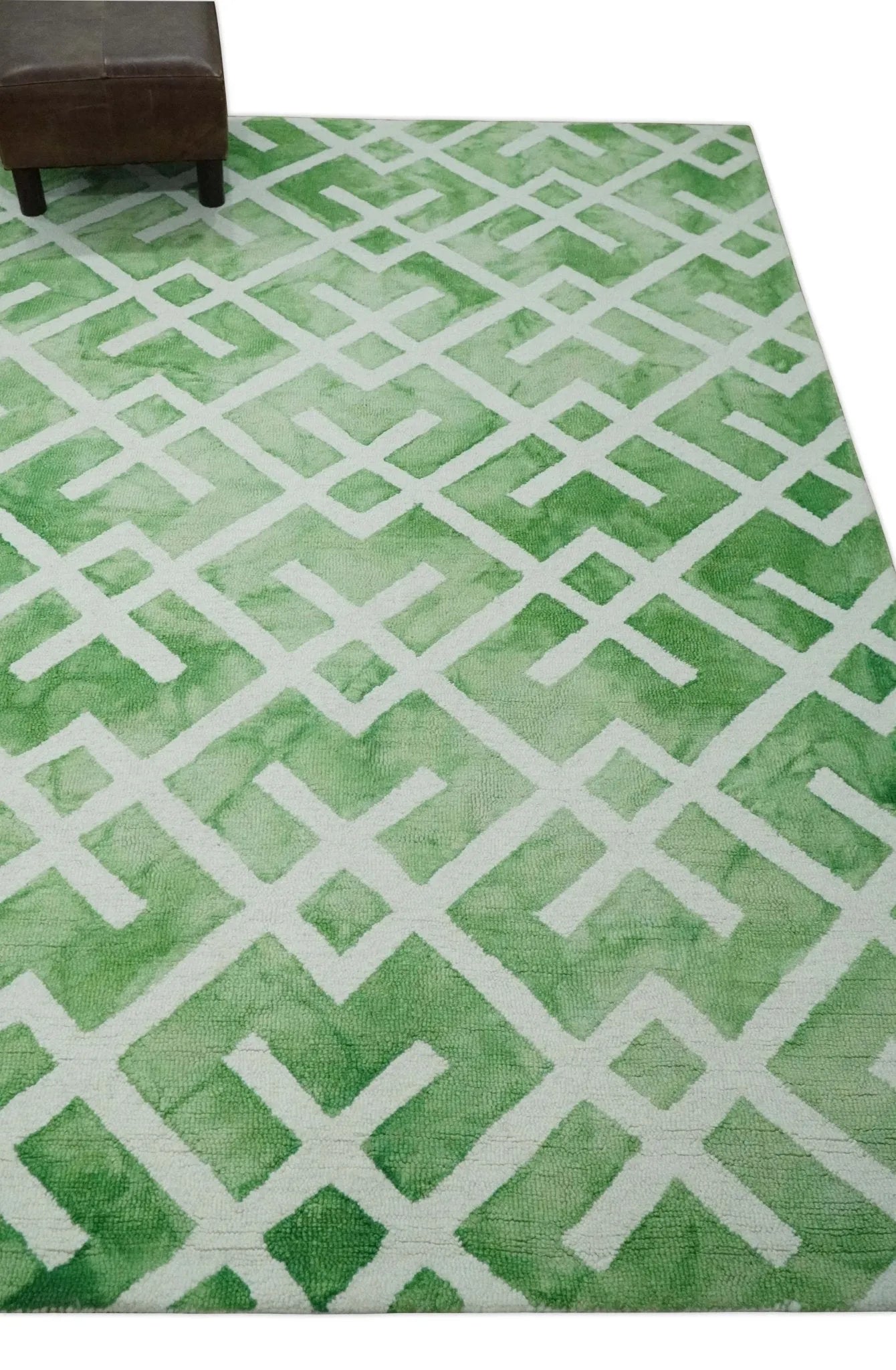 5x8 Ivory and Green Stripes Pattern Hand Tufted Wool Area Rug