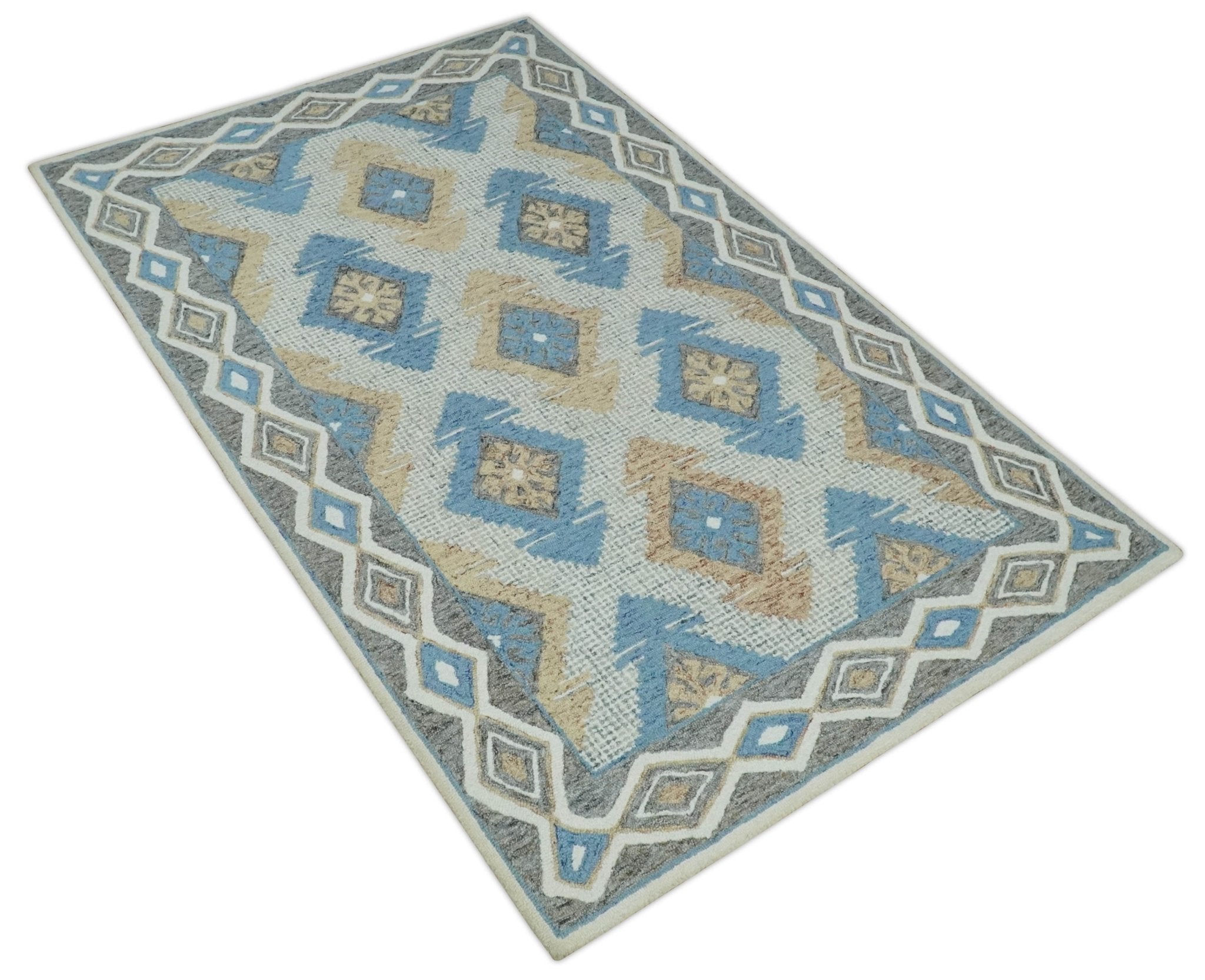 5x8 Ivory, Blue and Beige Traditional Ikat design Hand Tufted Wool Area Rug