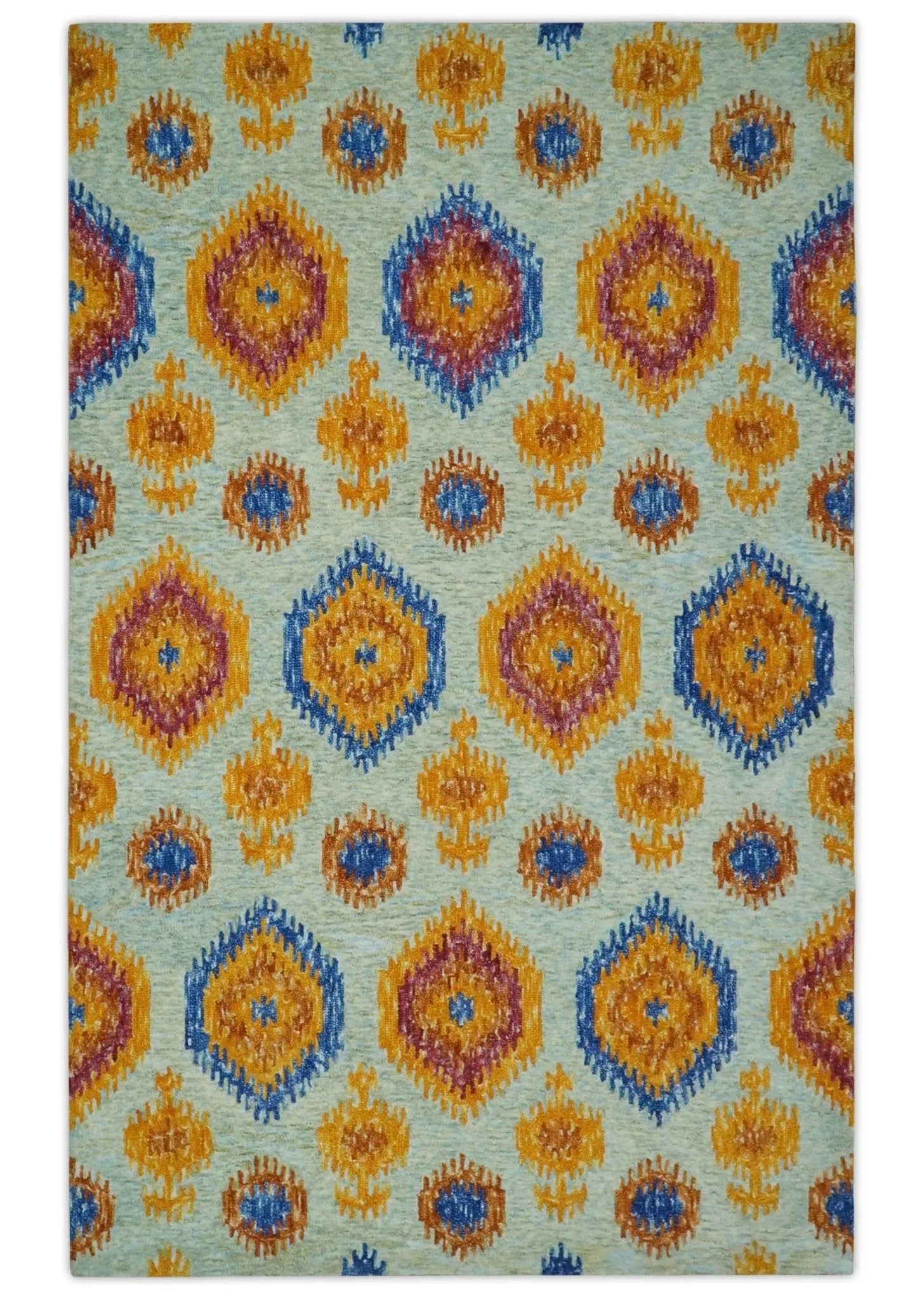 5x8 Ivory, Gold and Blue Traditional Ikat design Hand Tufted Wool Area Rug