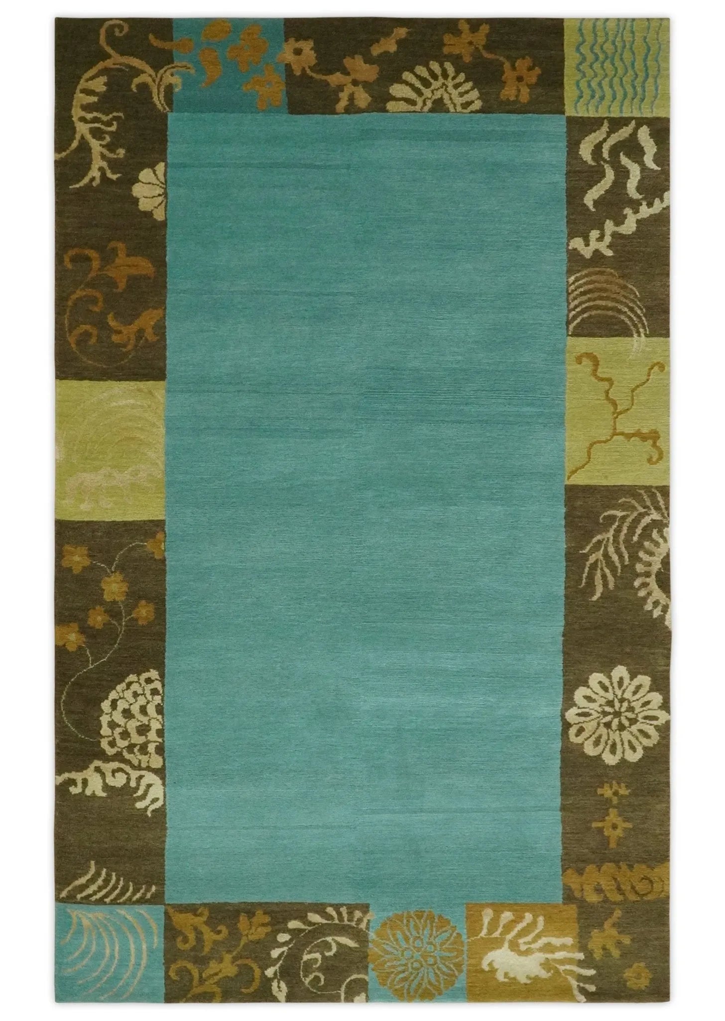 5x8 Teal, Olive and Brown Tradition Floral Boarder Hand knotted Wool and Art Silk Area Rug