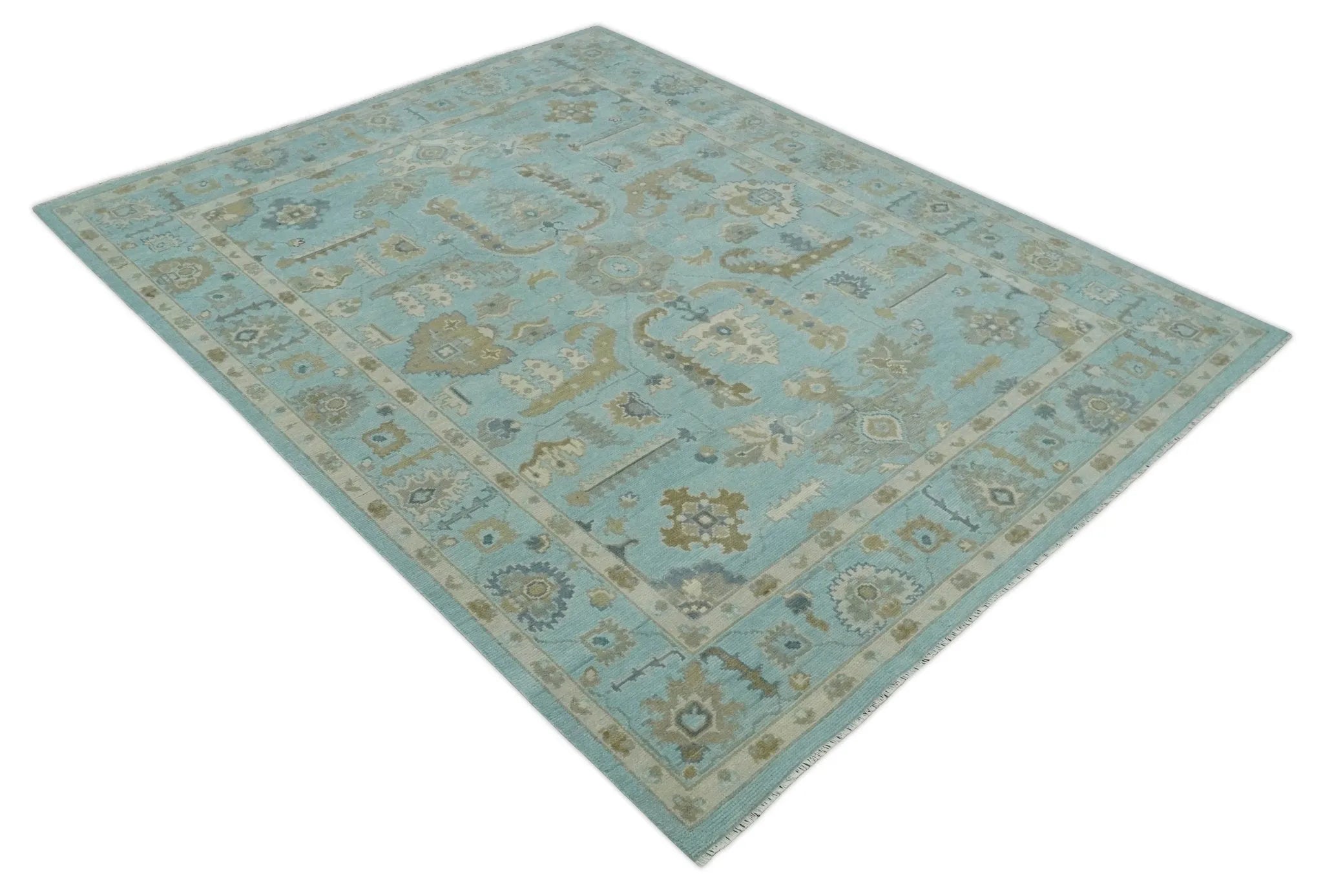 Custom Made Blue, Brown and Ivory Hand knotted Traditional Oushak Wool Rug