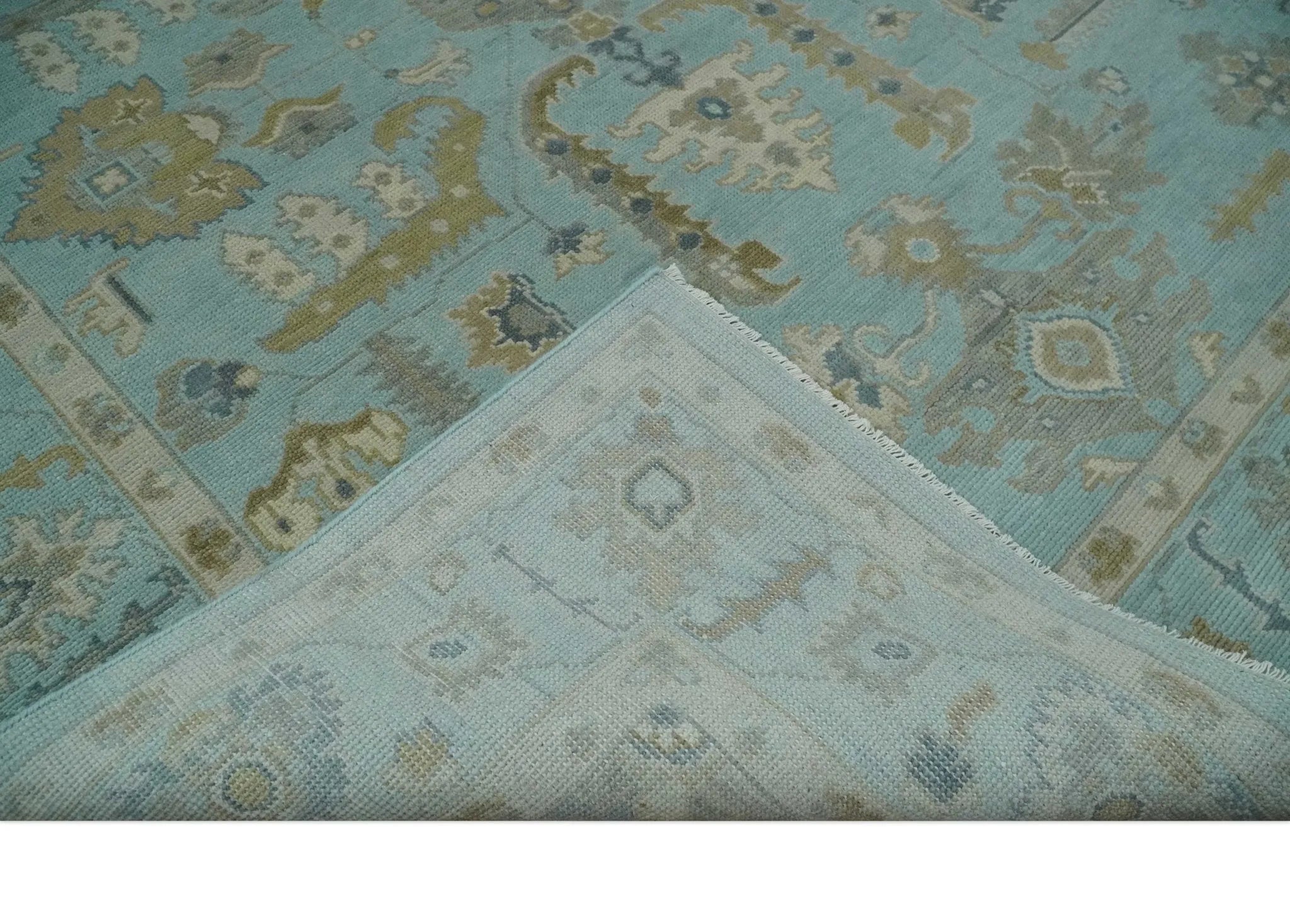 Custom Made Blue, Brown and Ivory Hand knotted Traditional Oushak Wool Rug