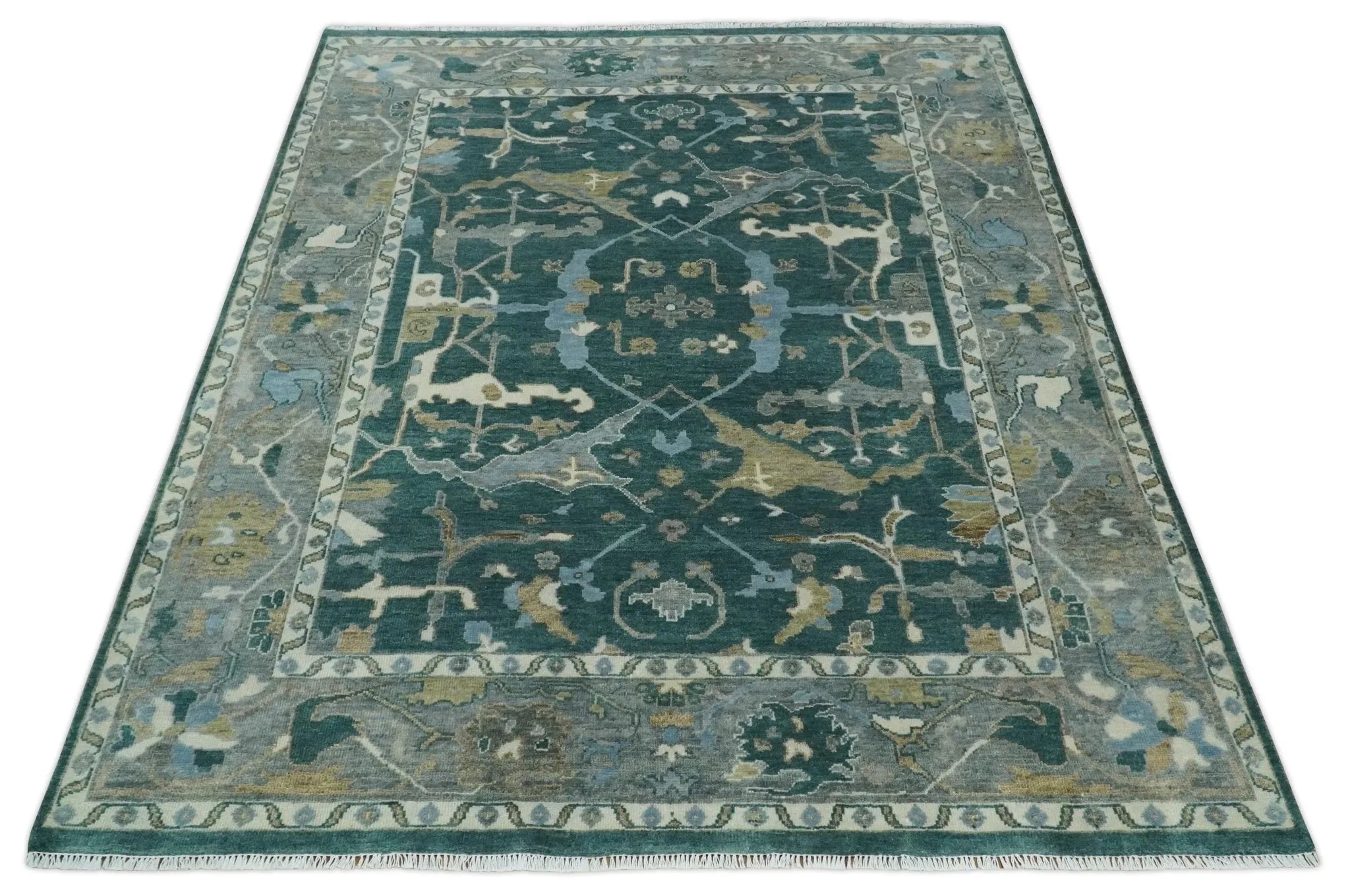 Hand Knotted Oriental Oushak Green and Gray Multi Size Wool Area Rug