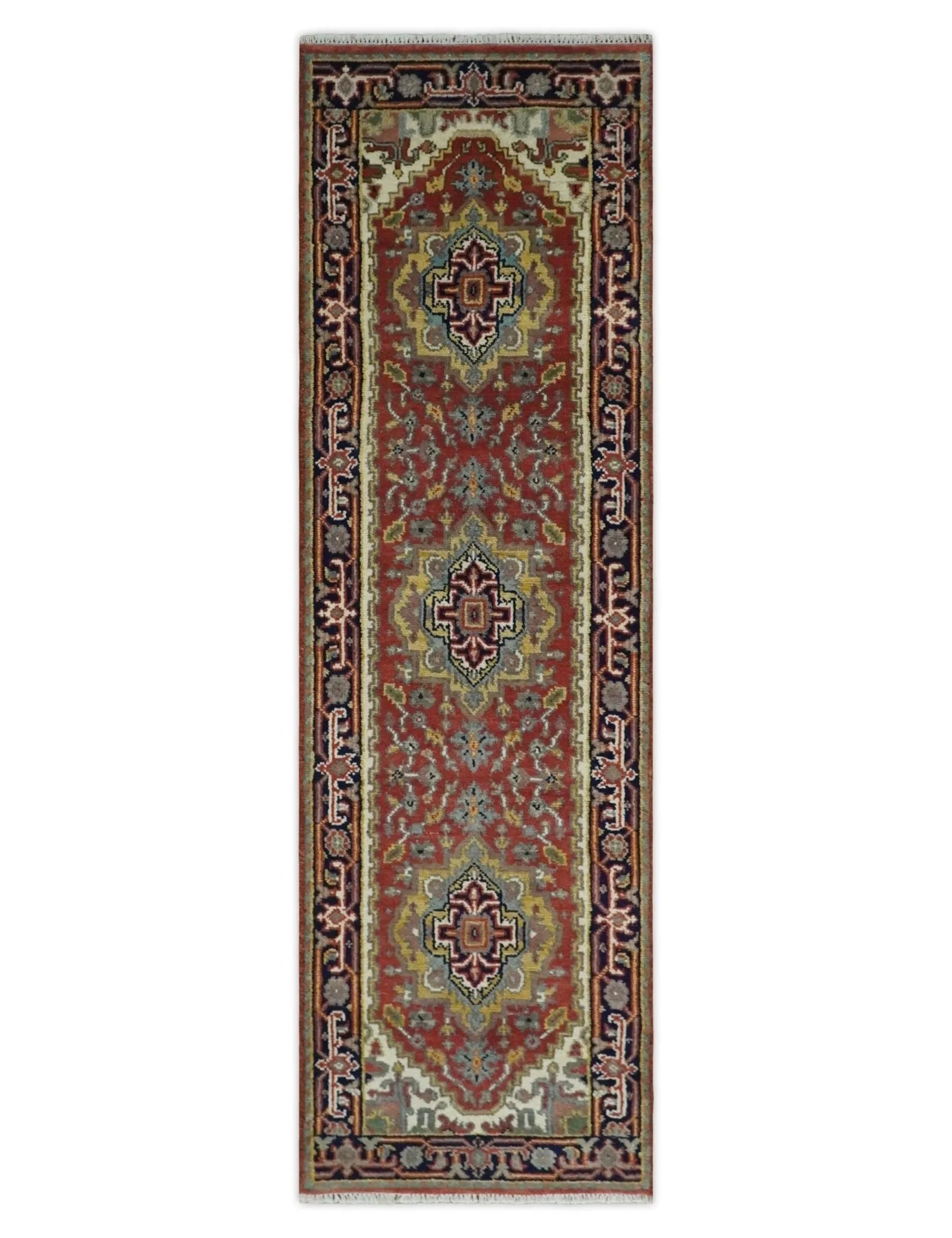 6x9 and runner Traditional Blue, Rust and Ivory Hand knotted wool Area Rug