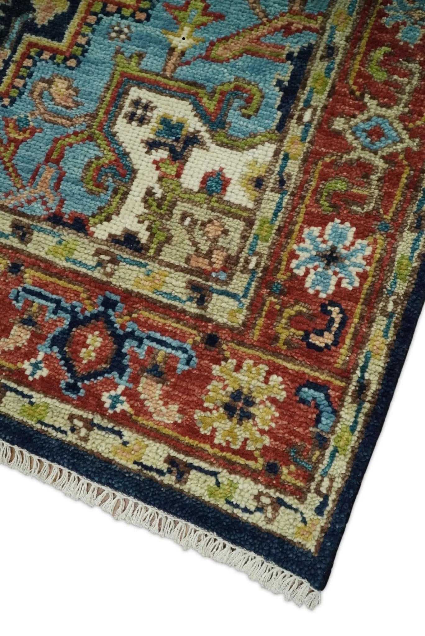 Custom Made Blue and Rust Hand Knotted Wool Antique Style Wool Area Rug