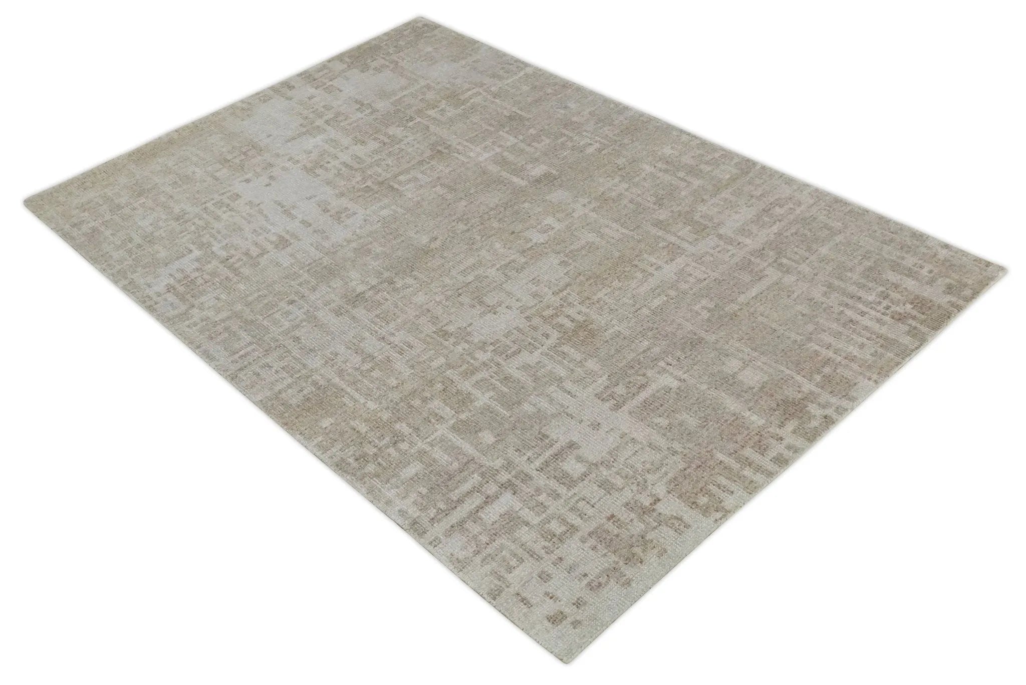 6x9 Hand Knotted Beige and Ivory Modern Abstract Contemporary Recycled wool Area Rug