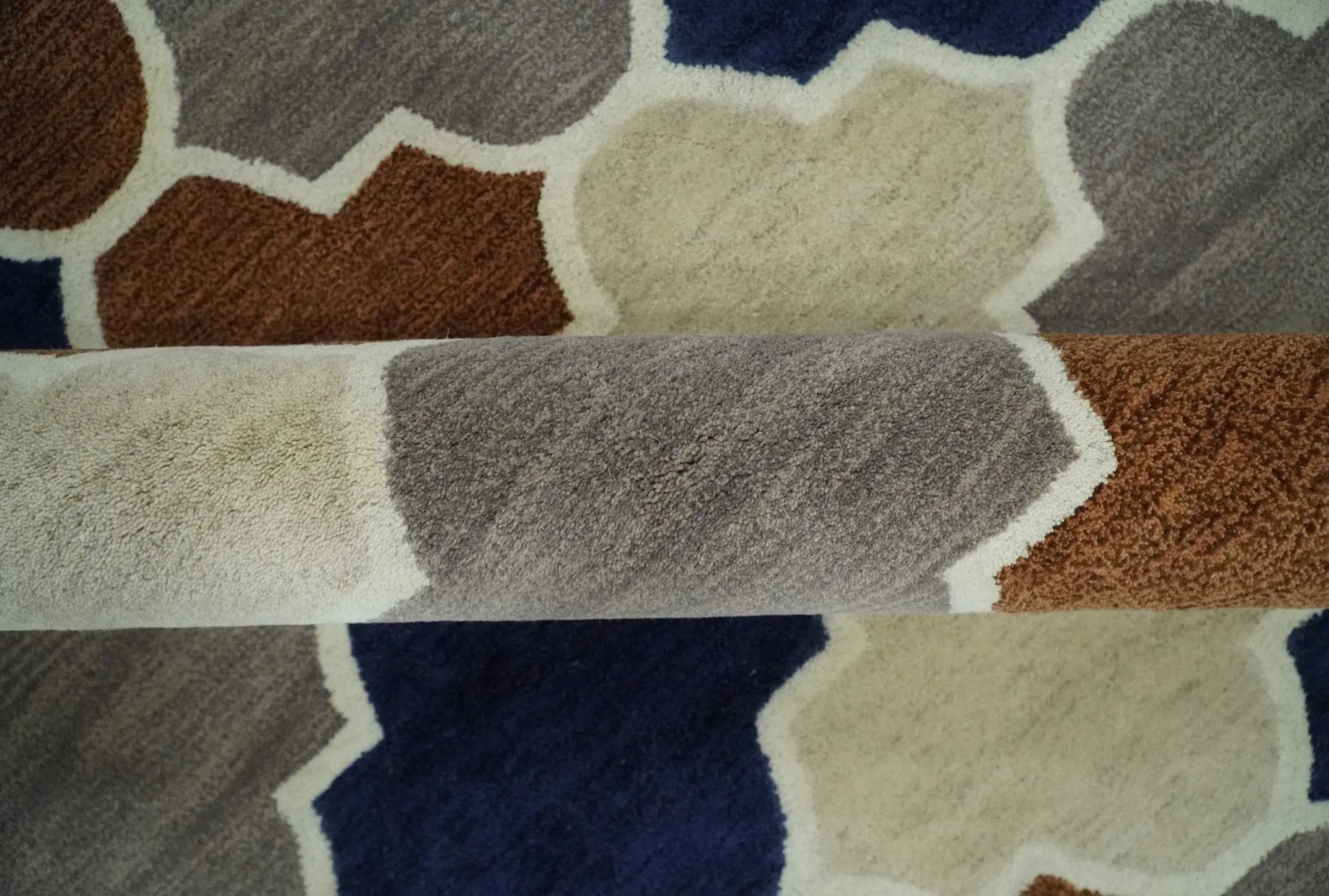 6x9 Ivory, Blue, Brown and Silver Ikat Pattern Hand Tufted Wool Area Rug