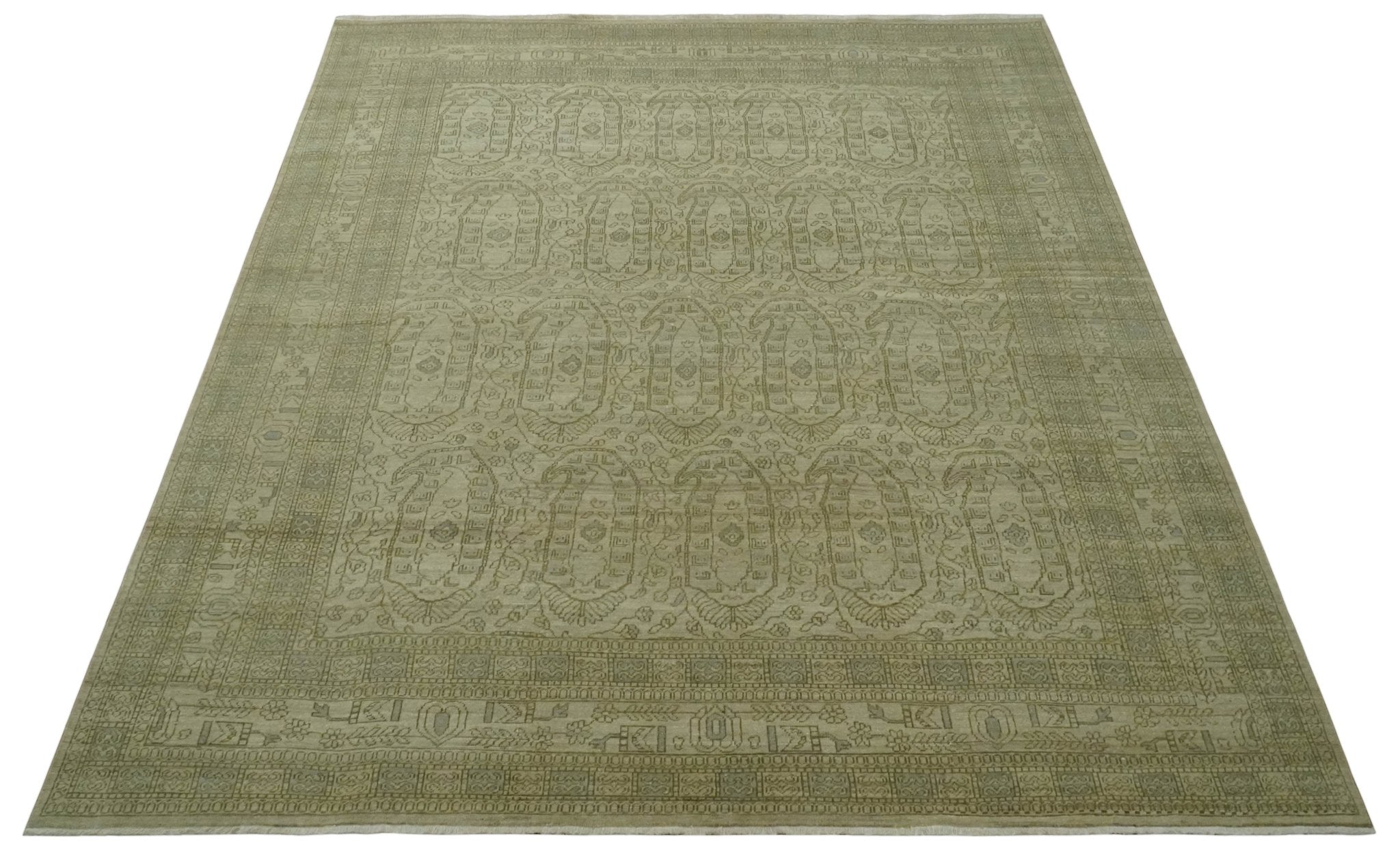 7.10x9.7 Traditional Ivory and Olive Antique Style Hand knotted Wool Area Rug, Kids, Living Room and Bedroom Rug