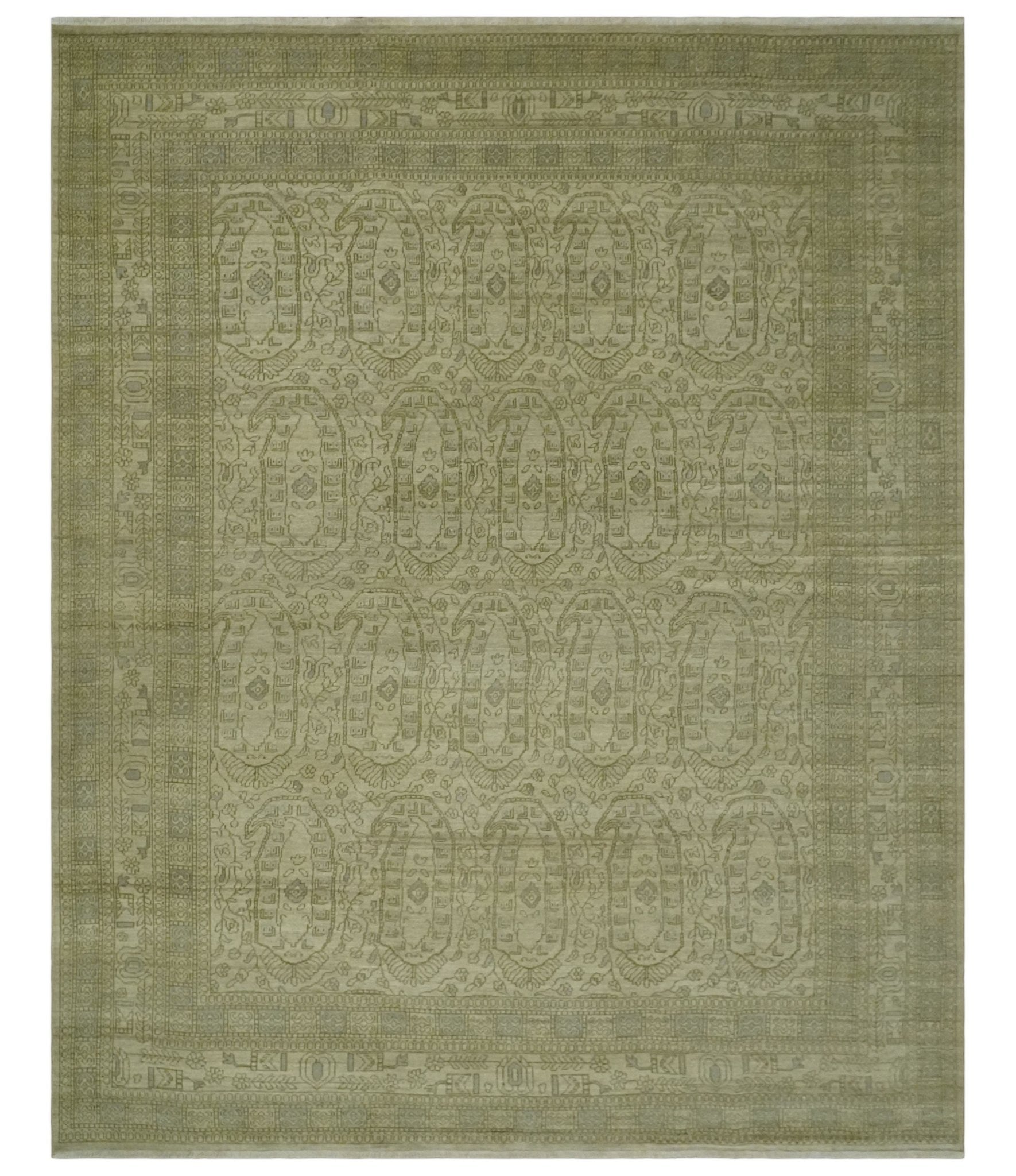 7.10x9.7 Traditional Ivory and Olive Antique Style Hand knotted Wool Area Rug, Kids, Living Room and Bedroom Rug