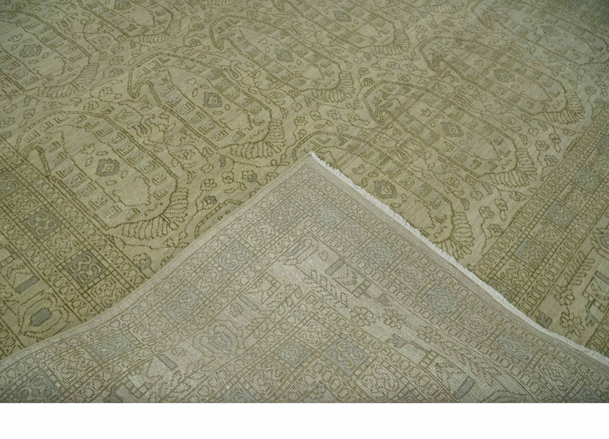 7.10x9.7 Traditional Ivory and Olive Antique Style Hand knotted Wool Area Rug, Kids, Living Room and Bedroom Rug