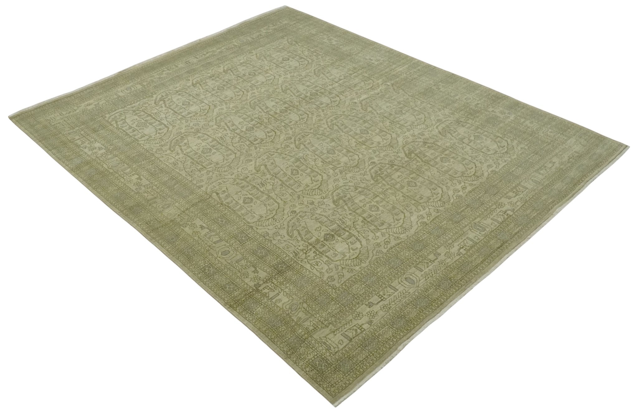 7.10x9.7 Traditional Ivory and Olive Antique Style Hand knotted Wool Area Rug, Kids, Living Room and Bedroom Rug