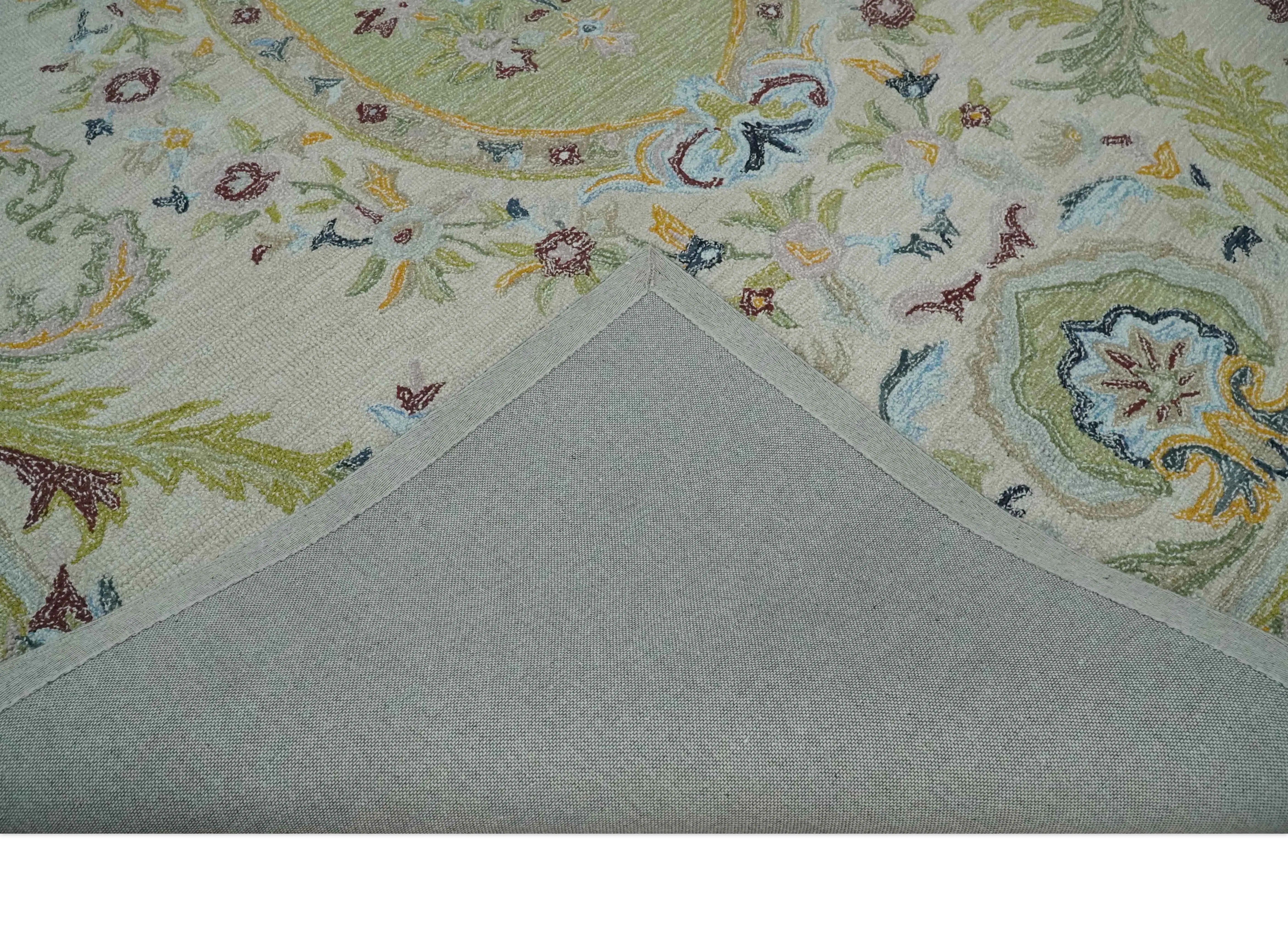 Ivory and Green Custom Made French Design Aubusson Hand Tufted Wool Area Rug