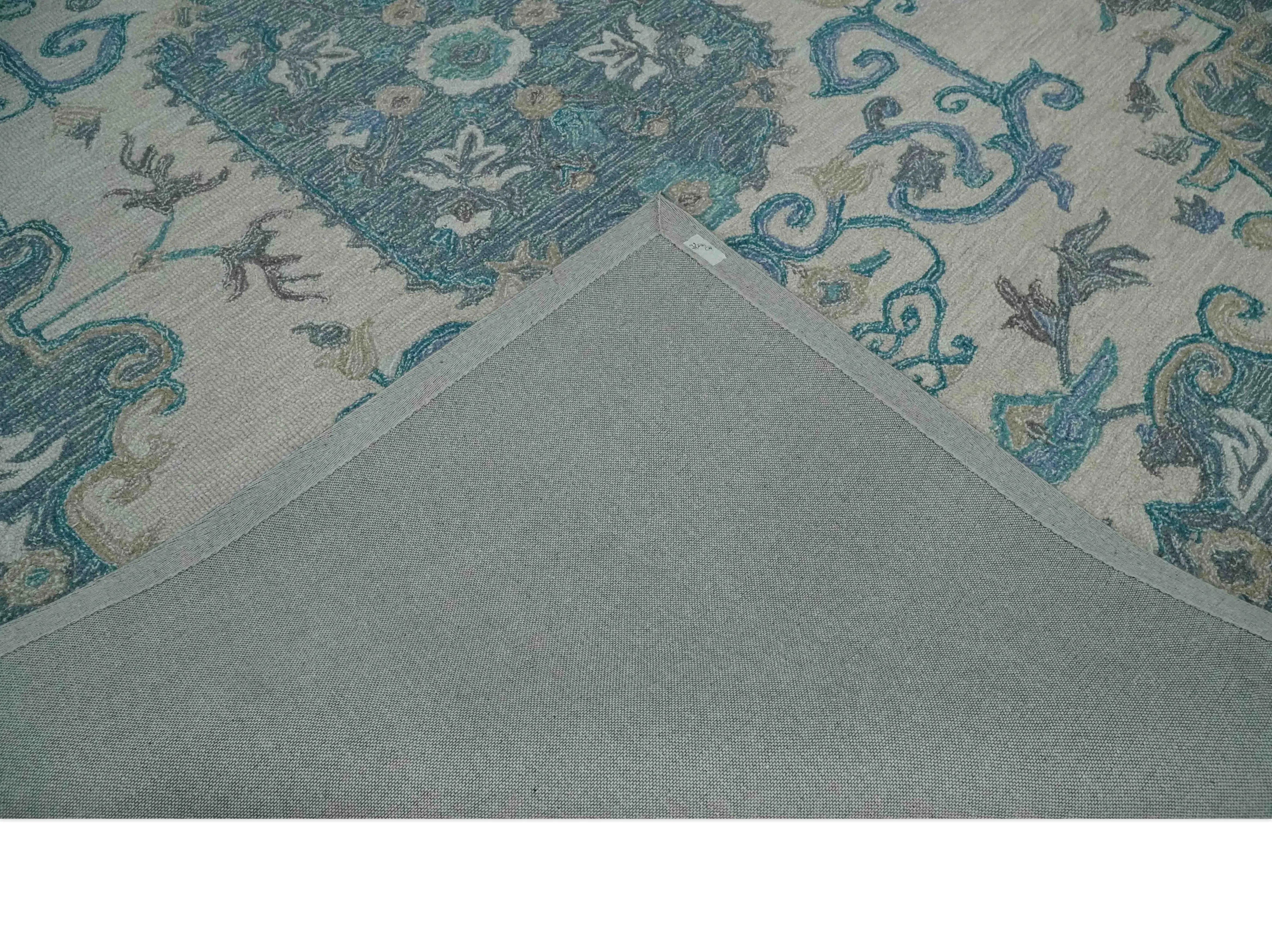 French Design Aubusson Custom Made Ivory and Blue Hand Tufted Wool Area Rug