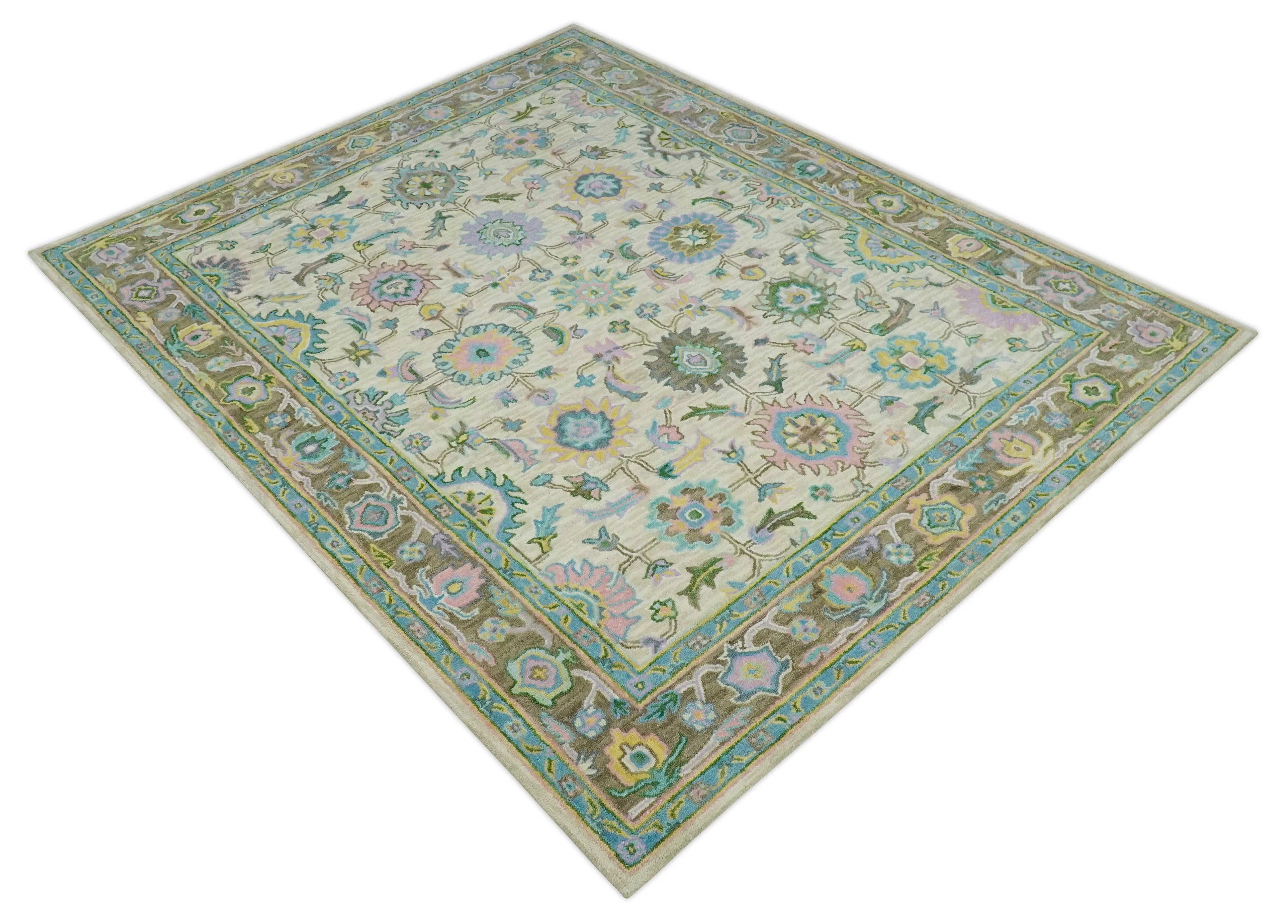 Custom Made Beige, Blue and Purple Traditional Floral Hand Tufted wool rug