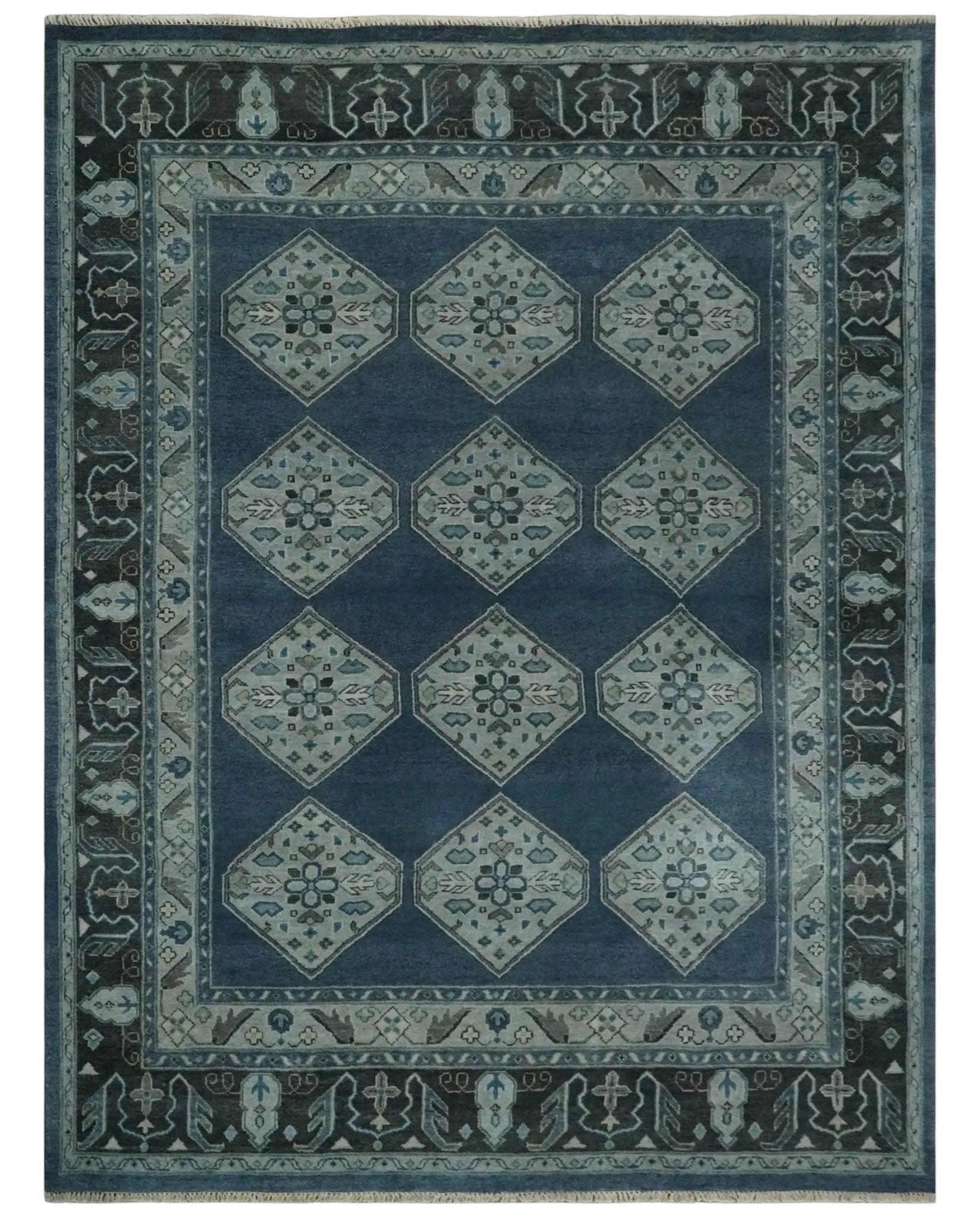 8.4x11.6 Blue, Silver and Charcoal Hand knotted Traditional wool Area Rug