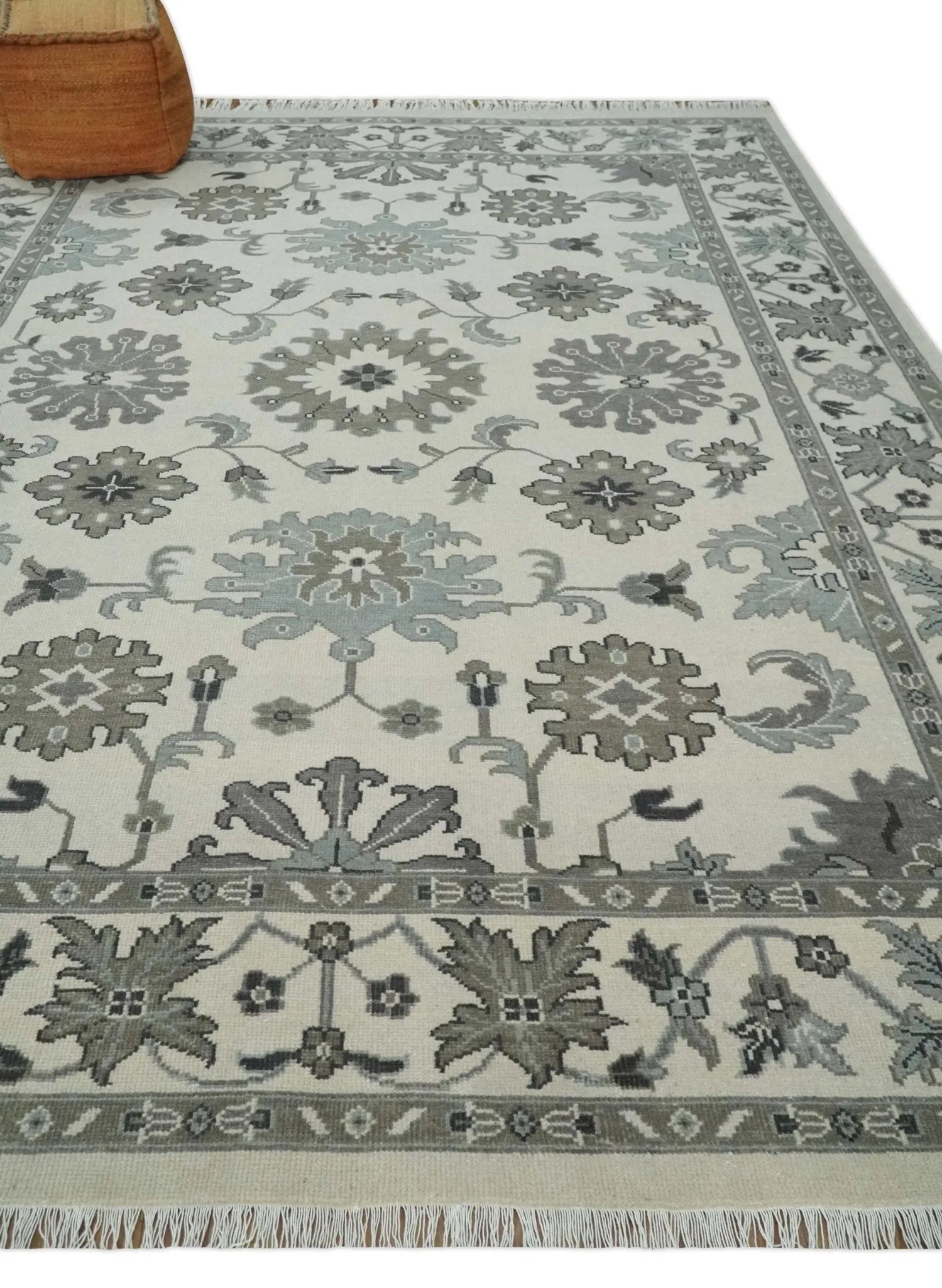 8.6x12 Traditional Ivory and Taupe Antique Style Hand knotted Traditional Wool Area Rug | AC408612