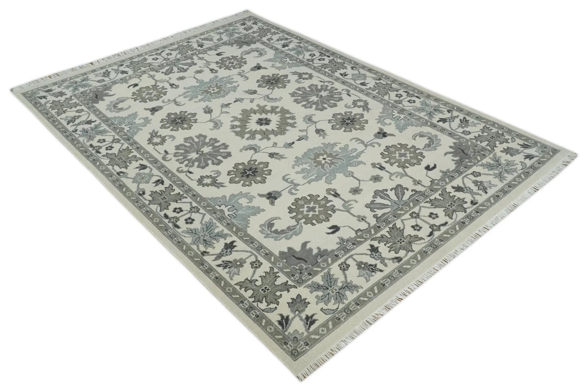 8.6x12 Traditional Ivory and Taupe Antique Style Hand knotted Traditional Wool Area Rug | AC408612