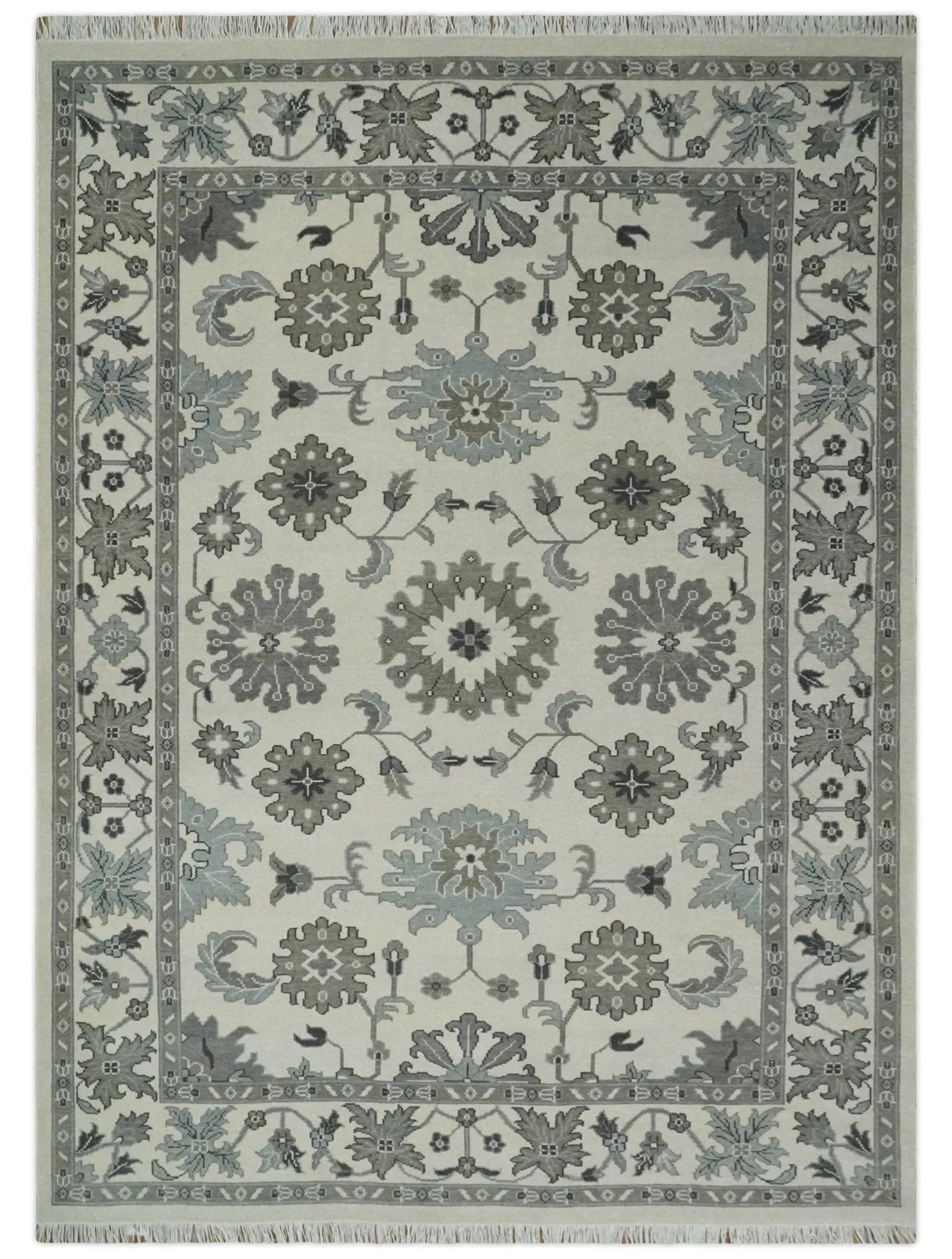 8.6x12 Traditional Ivory and Taupe Antique Style Hand knotted Traditional Wool Area Rug | AC408612