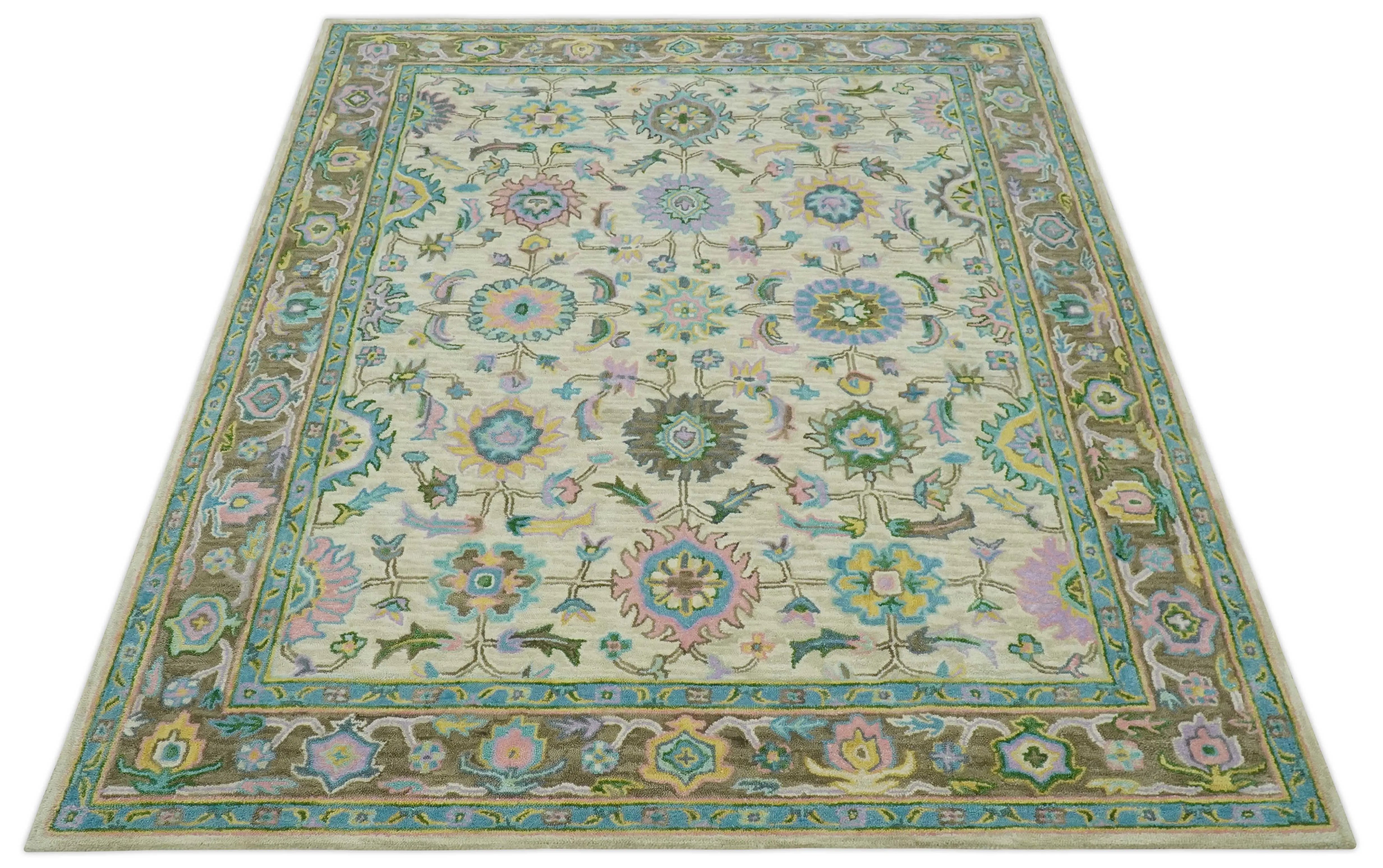 Custom Made Beige, Blue and Purple Traditional Floral Hand Tufted wool rug