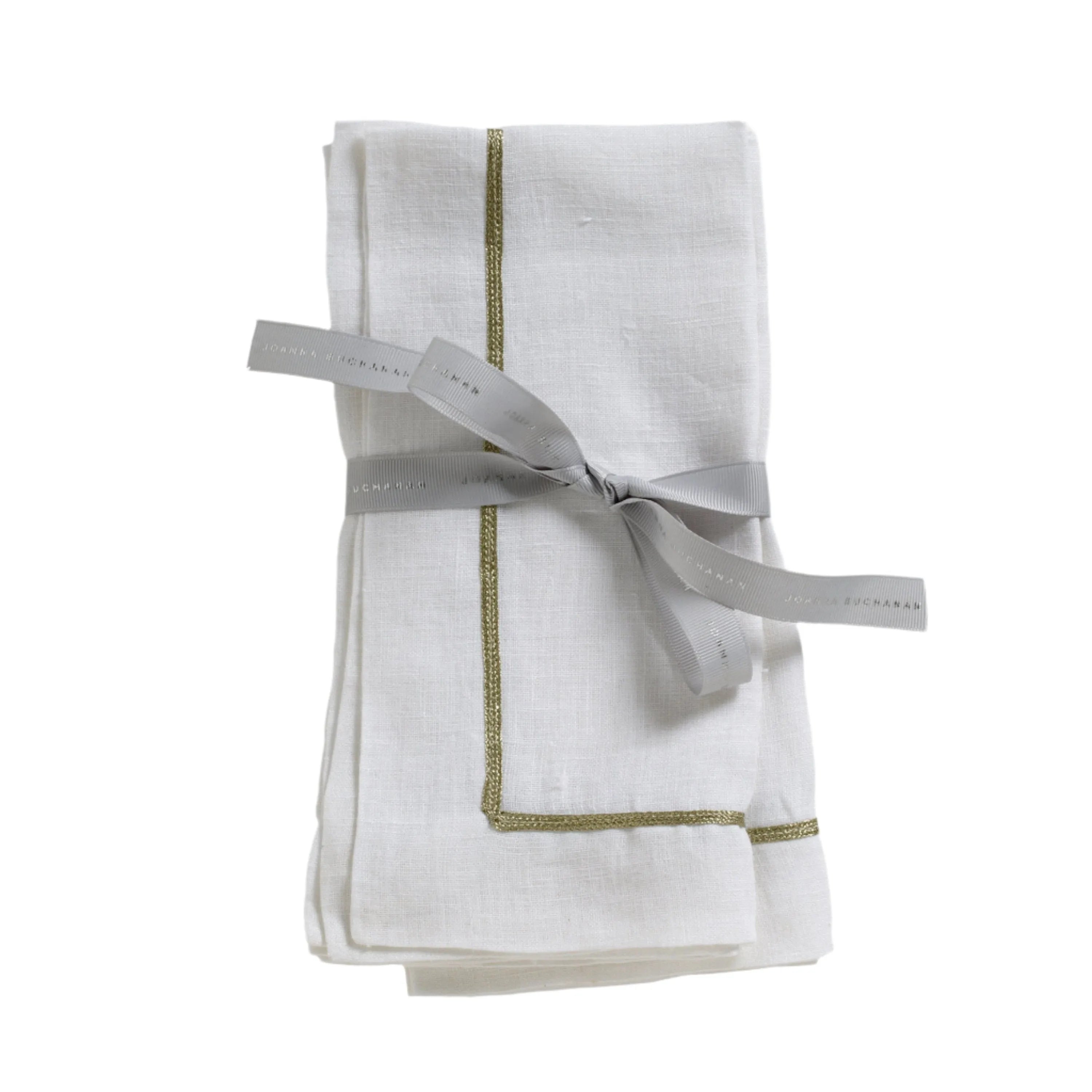 Gold trim linen dinner napkins, white, set of two