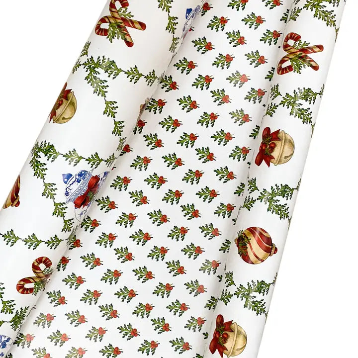 Holly Berry Reversible Gift Wrap in Red with Trellis Pattern