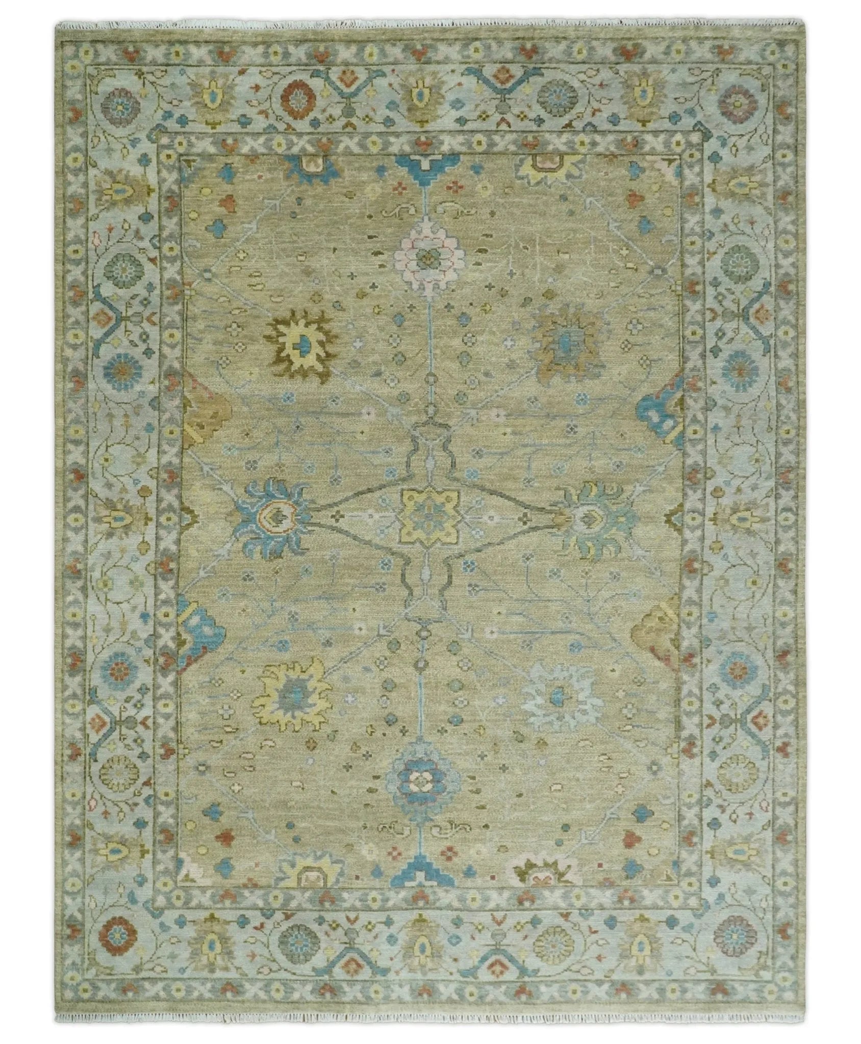 Hand Knotted Beige and Ivory Floral Traditional Traditional Oushak Multi Size Wool Area Rug