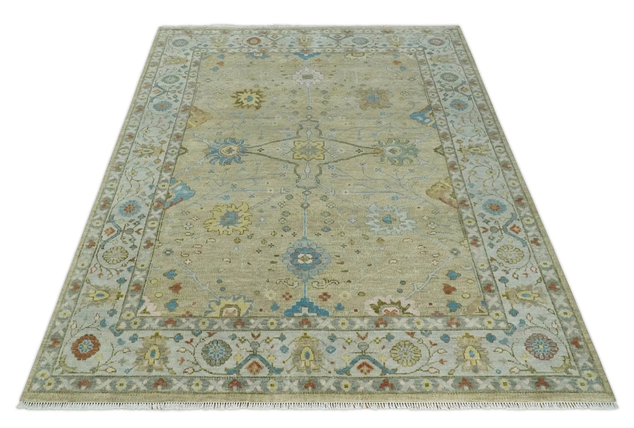 Hand Knotted Beige and Ivory Floral Traditional Traditional Oushak Multi Size Wool Area Rug